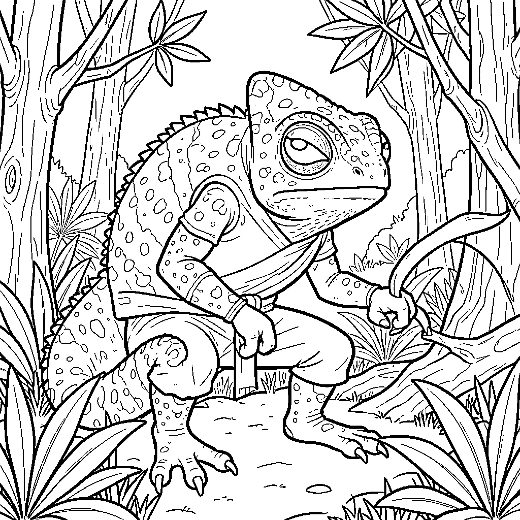 Ninja Chameleon crouching stealthily in a jungle setting Coloring Page (free black-and-white line drawing printable PDF for all, from beginners to advanced learners, including children, teens, adults, and seniors)