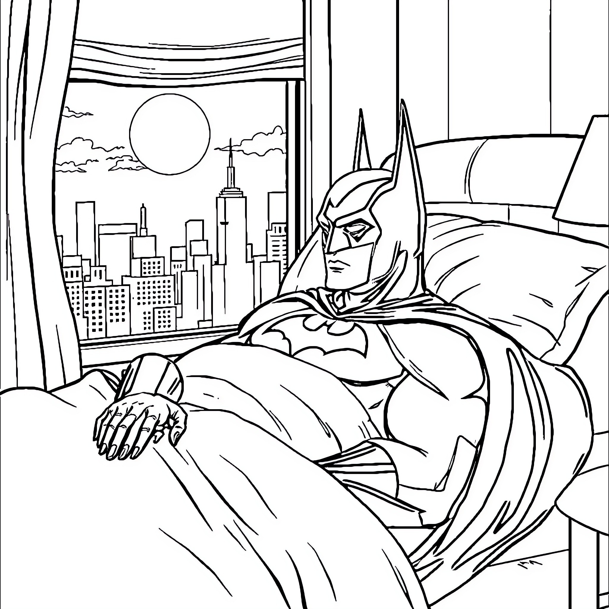 Batman resting in a night city view Coloring Page (free black-and-white line drawing printable PDF for all, from beginners to advanced learners, including children, teens, adults, and seniors)