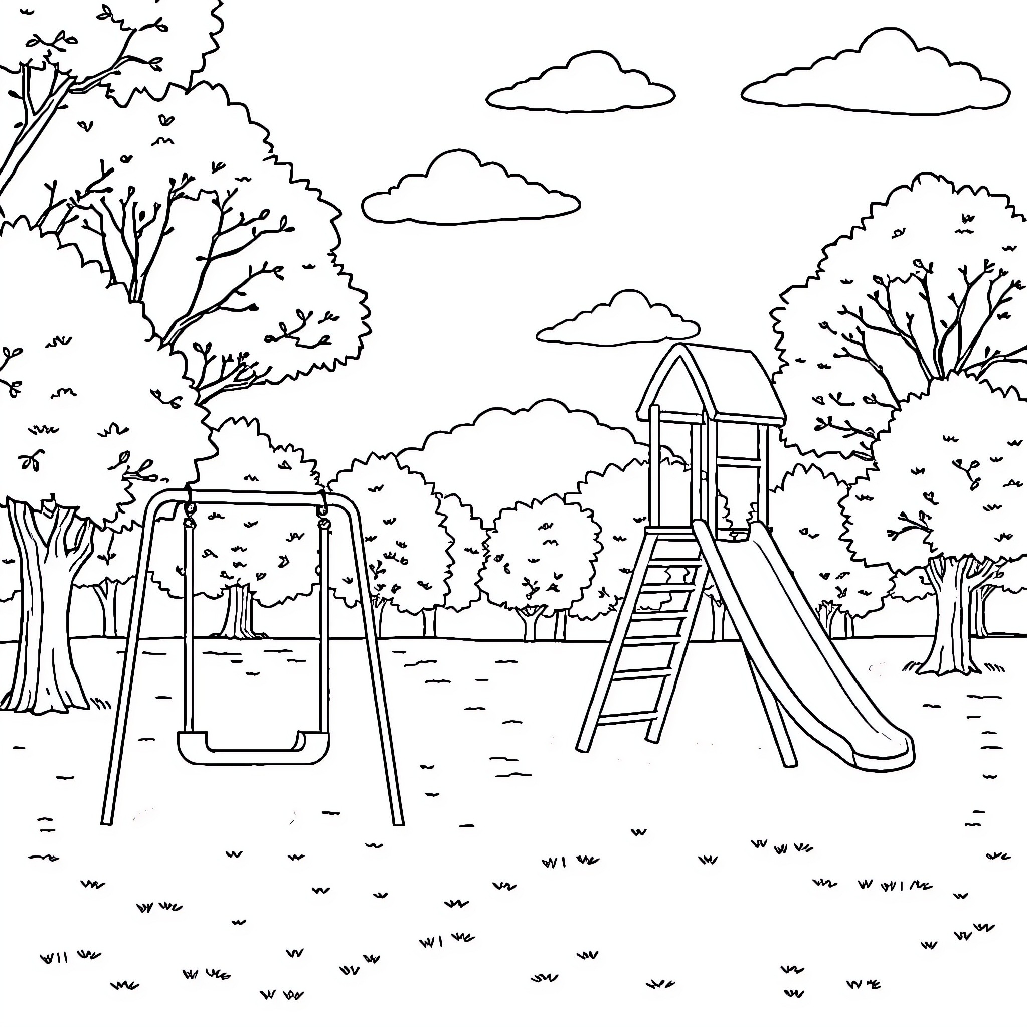 Park with playground equipment and natural scenery Coloring Page (free black-and-white line drawing printable PDF for all, from beginners to advanced learners, including children, teens, adults, and seniors)