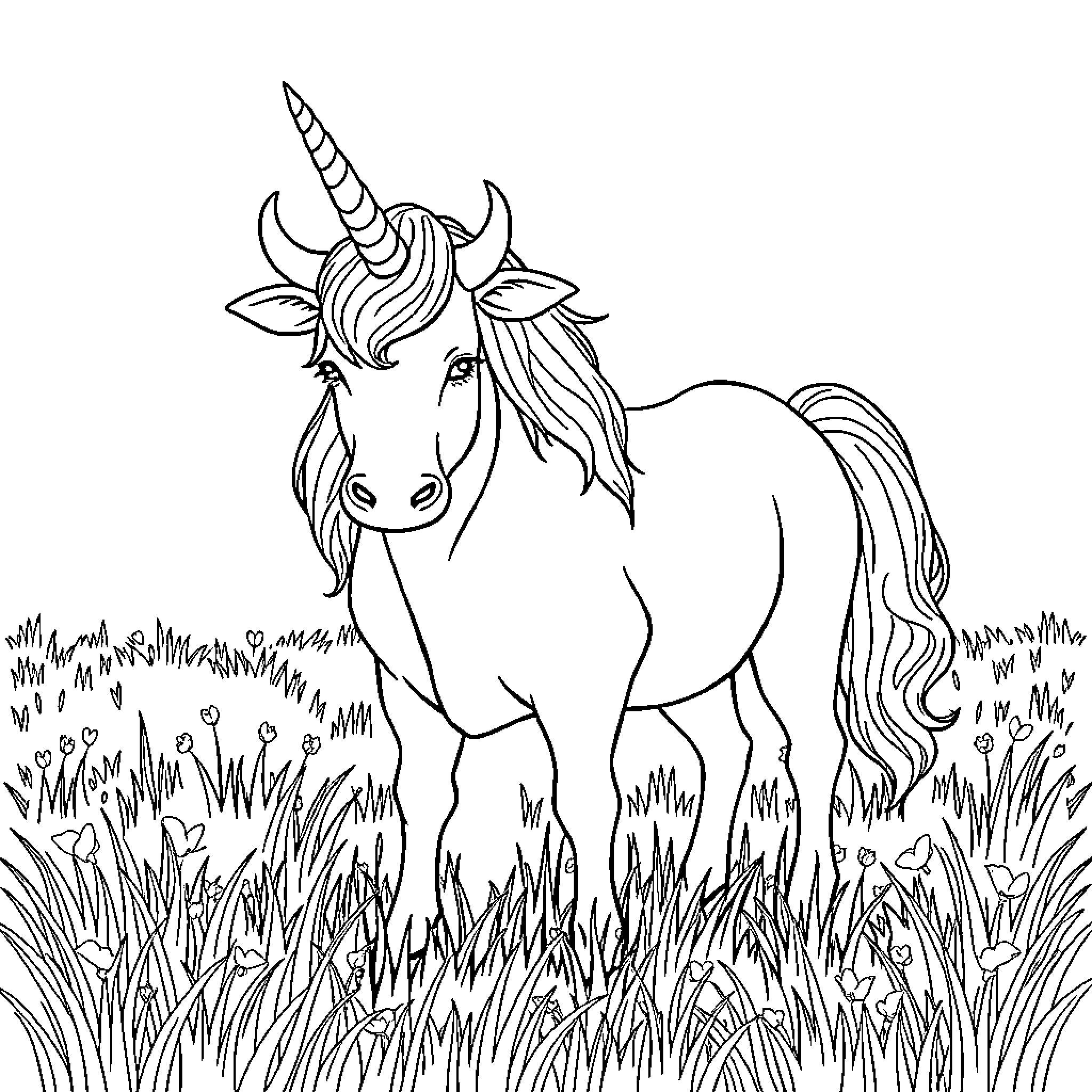 Unicorn standing in a field of grass Coloring Page (free black-and-white line drawing printable PDF for all, from beginners to advanced learners, including children, teens, adults, and seniors)