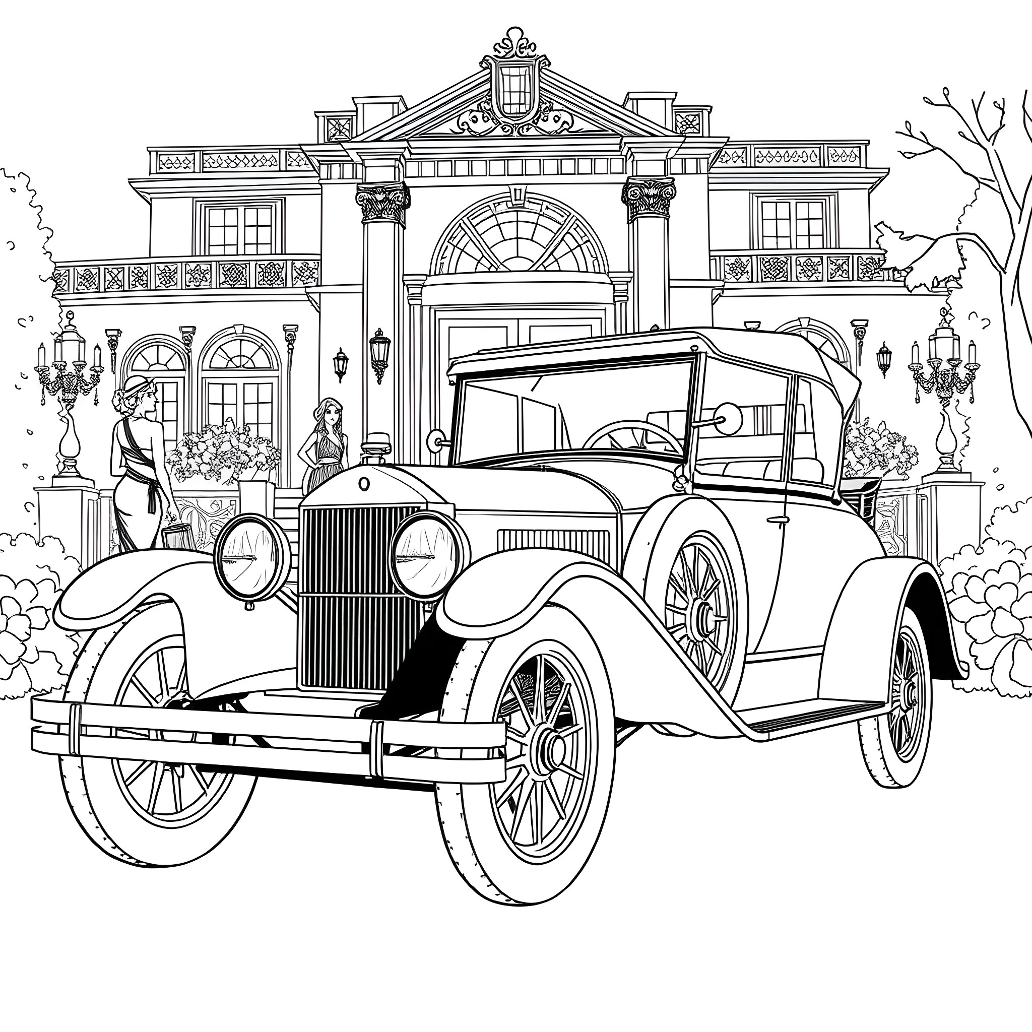 Car from the Vintage Era in Front of Elegant Manor Coloring Page (free black-and-white line drawing printable PDF for all, from beginners to advanced learners, including children, teens, adults, and seniors)