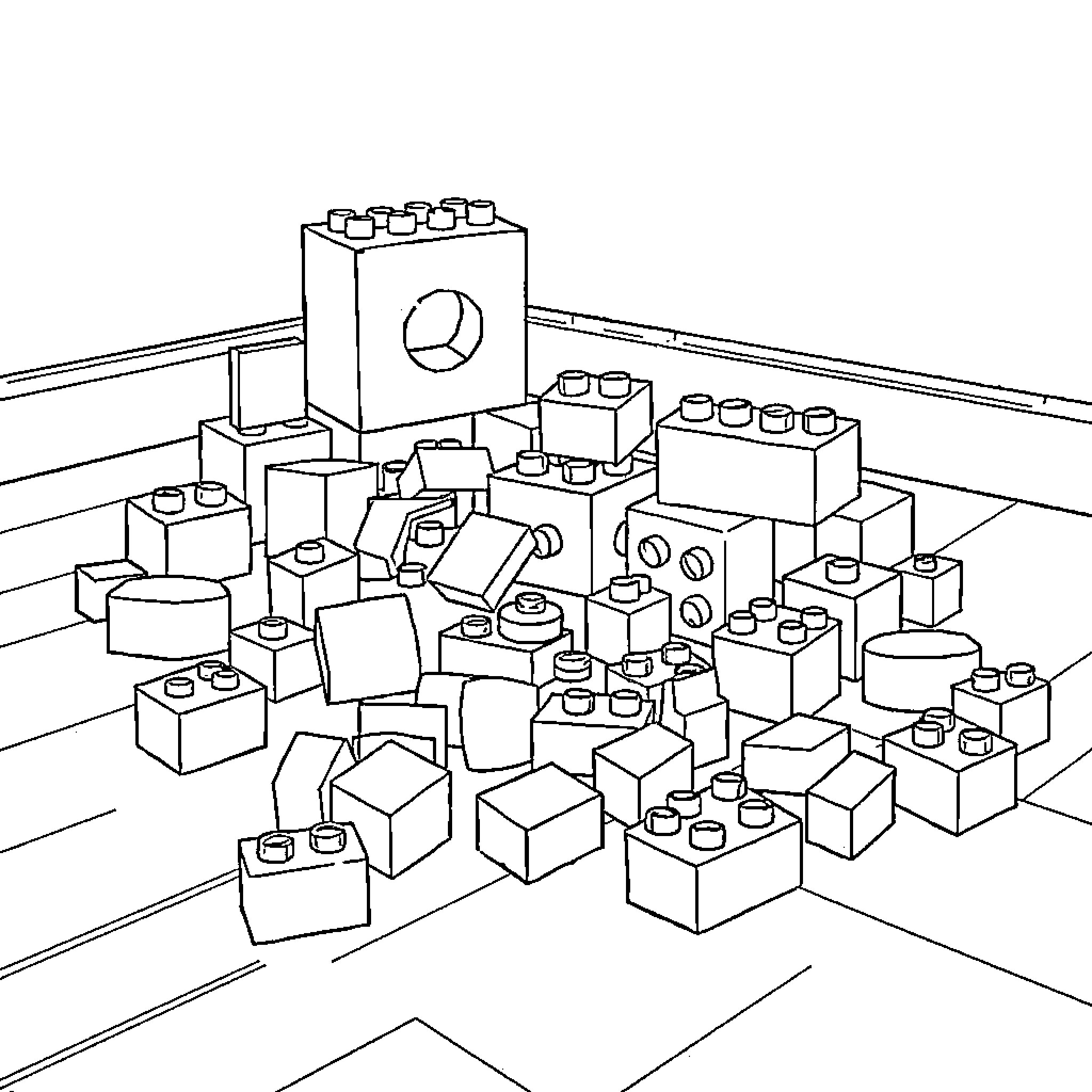 Block Construction Chaos on a Table Coloring Page (free black-and-white line drawing printable PDF for all, from beginners to advanced learners, including children, teens, adults, and seniors)