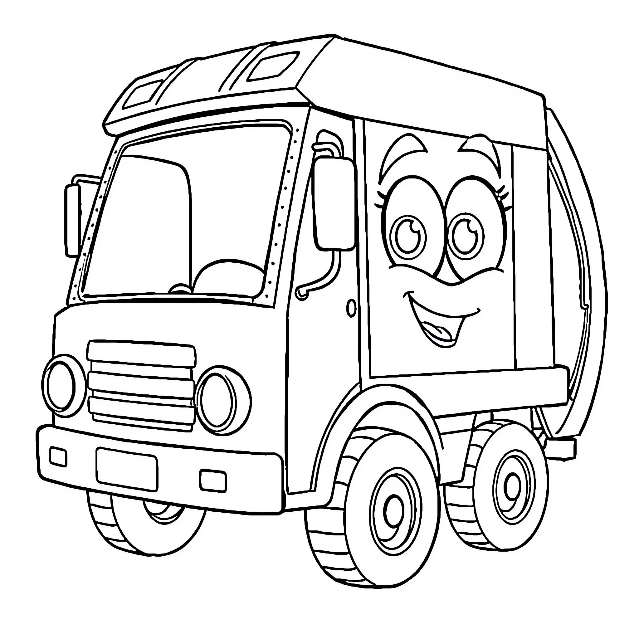 Trash Truck with a Happy Face Coloring Page (free black-and-white line drawing printable PDF for all, from beginners to advanced learners, including children, teens, adults, and seniors)