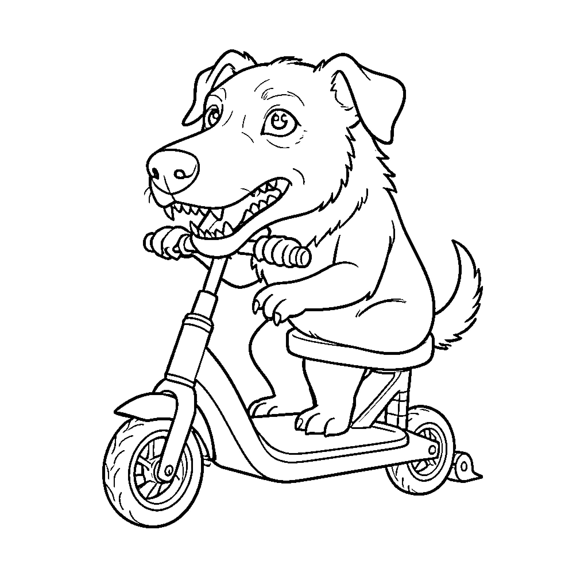 Monster riding a scooter with a happy expression Coloring Page (free black-and-white line drawing printable PDF for all, from beginners to advanced learners, including children, teens, adults, and seniors)