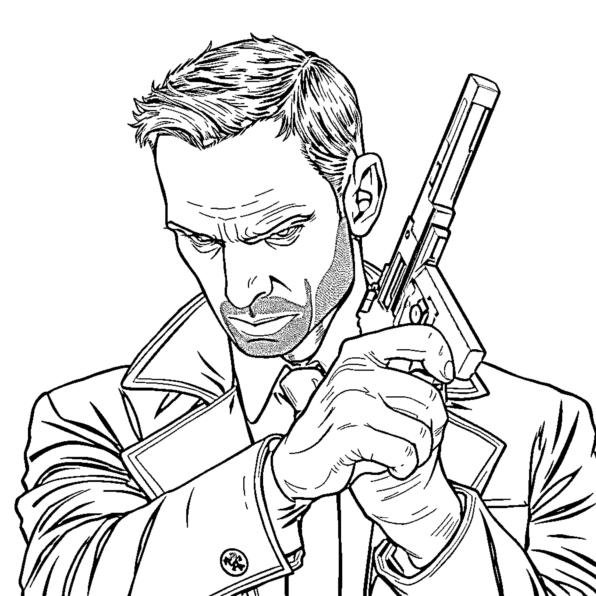 Leon confronting a threat with his weapon Coloring Page (free black-and-white line drawing printable PDF for all, from beginners to advanced learners, including children, teens, adults, and seniors)