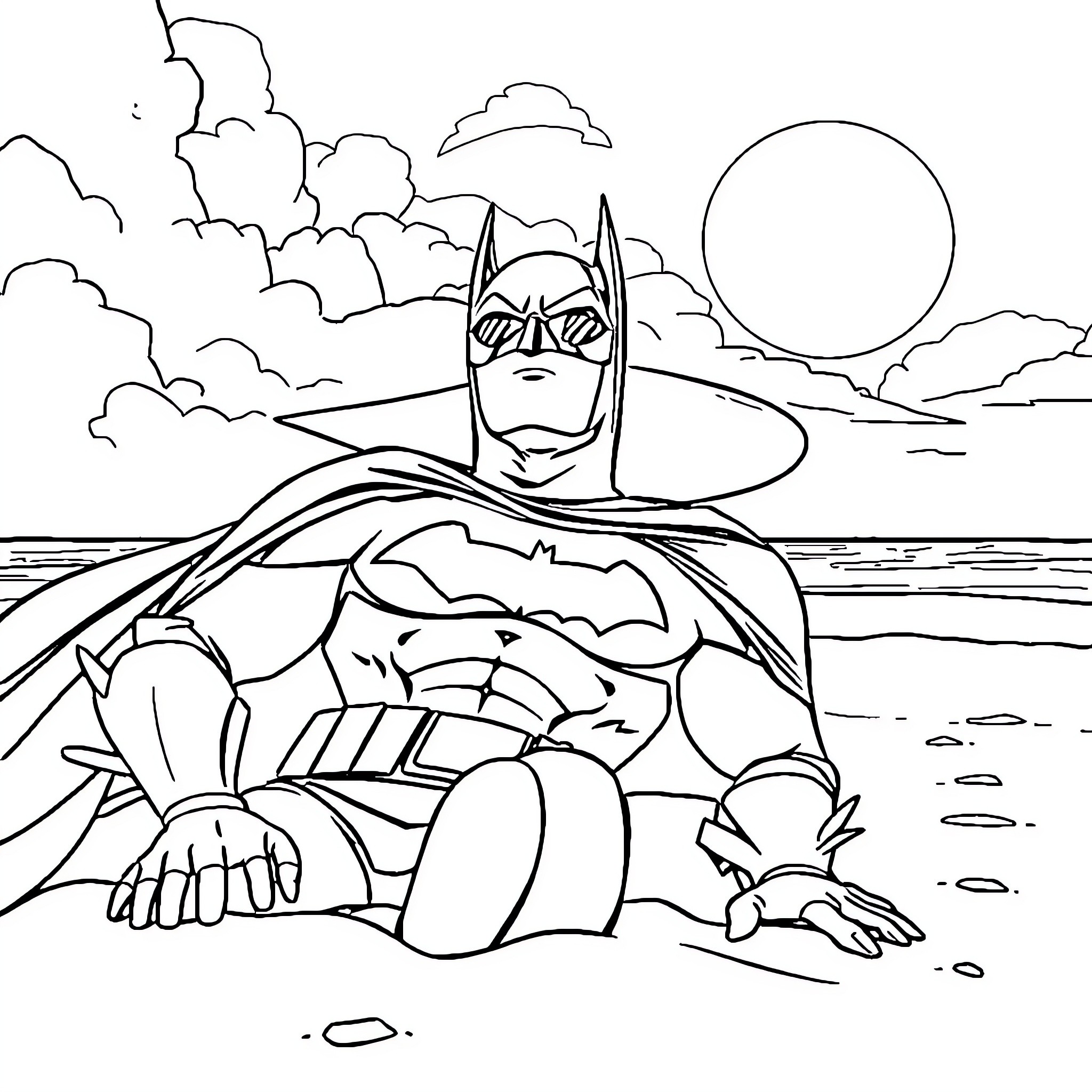 Baman watching the sunset on the beach Coloring Page (free black-and-white line drawing printable PDF for all, from beginners to advanced learners, including children, teens, adults, and seniors)