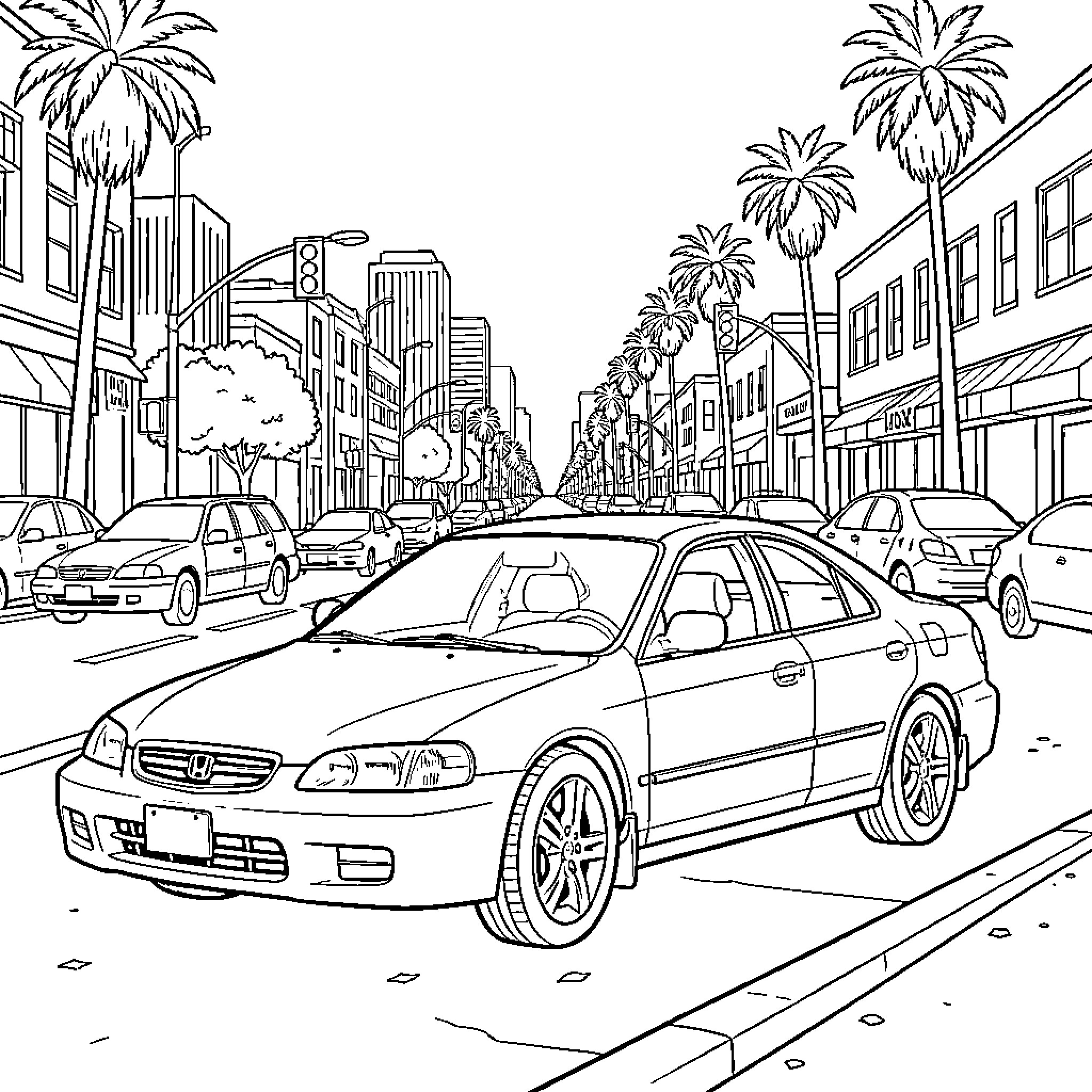 Accord driving through a sunny palm tree lined street Coloring Page (free black-and-white line drawing printable PDF for all, from beginners to advanced learners, including children, teens, adults, and seniors)