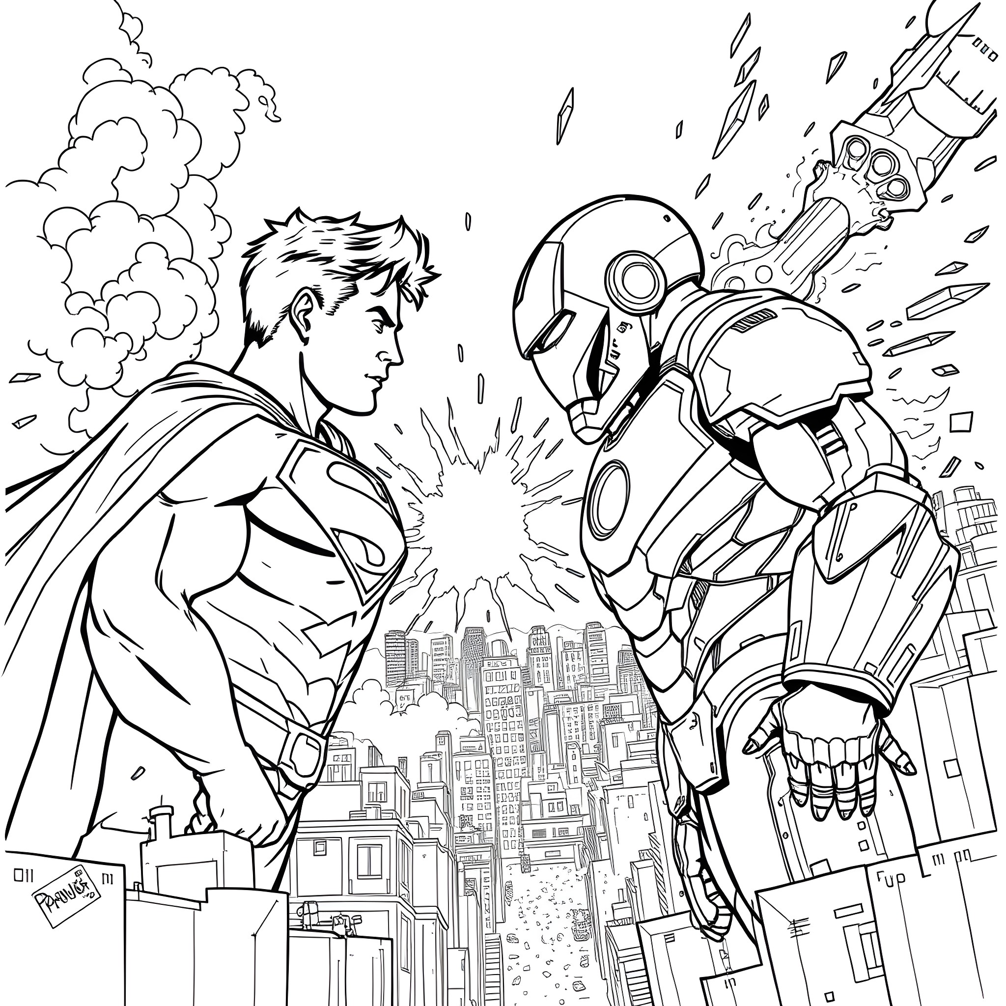 Superman confronting an epic robotic foe in the city Coloring Page (free black-and-white line drawing printable PDF for all, from beginners to advanced learners, including children, teens, adults, and seniors)