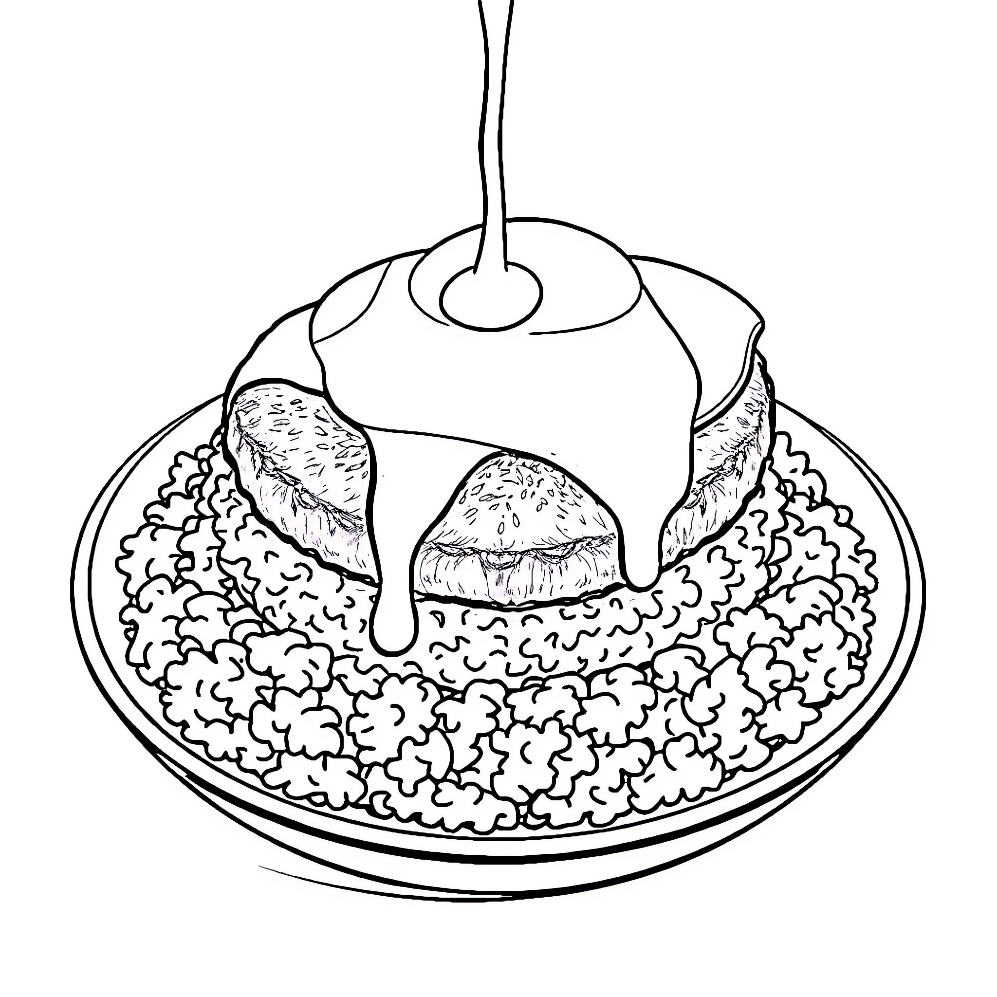 Loco Moco dish with hamburger patties and gravy Coloring Page (free black-and-white line drawing printable PDF for all, from beginners to advanced learners, including children, teens, adults, and seniors)