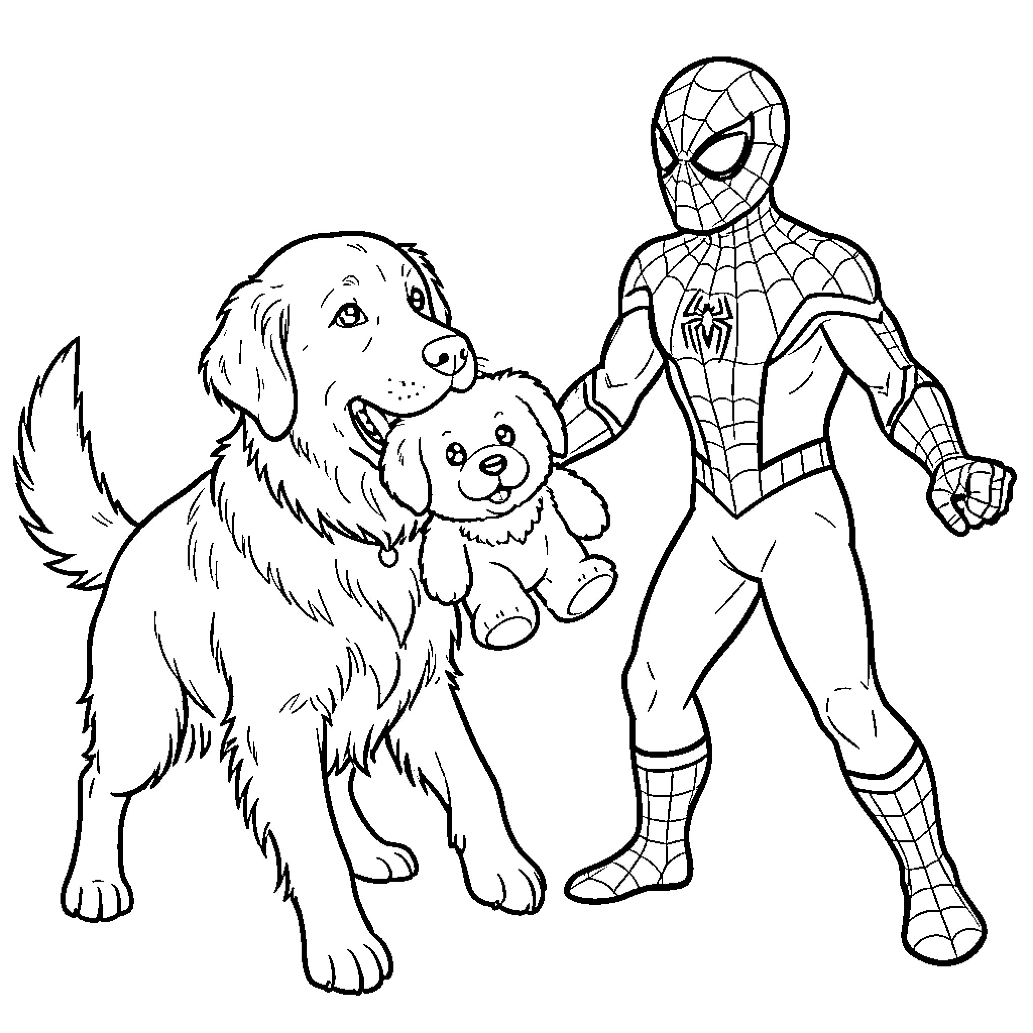 Golden Retriever sitting with Spider-Man and a teddy bear Coloring Page (free black-and-white line drawing printable PDF for all, from beginners to advanced learners, including children, teens, adults, and seniors)
