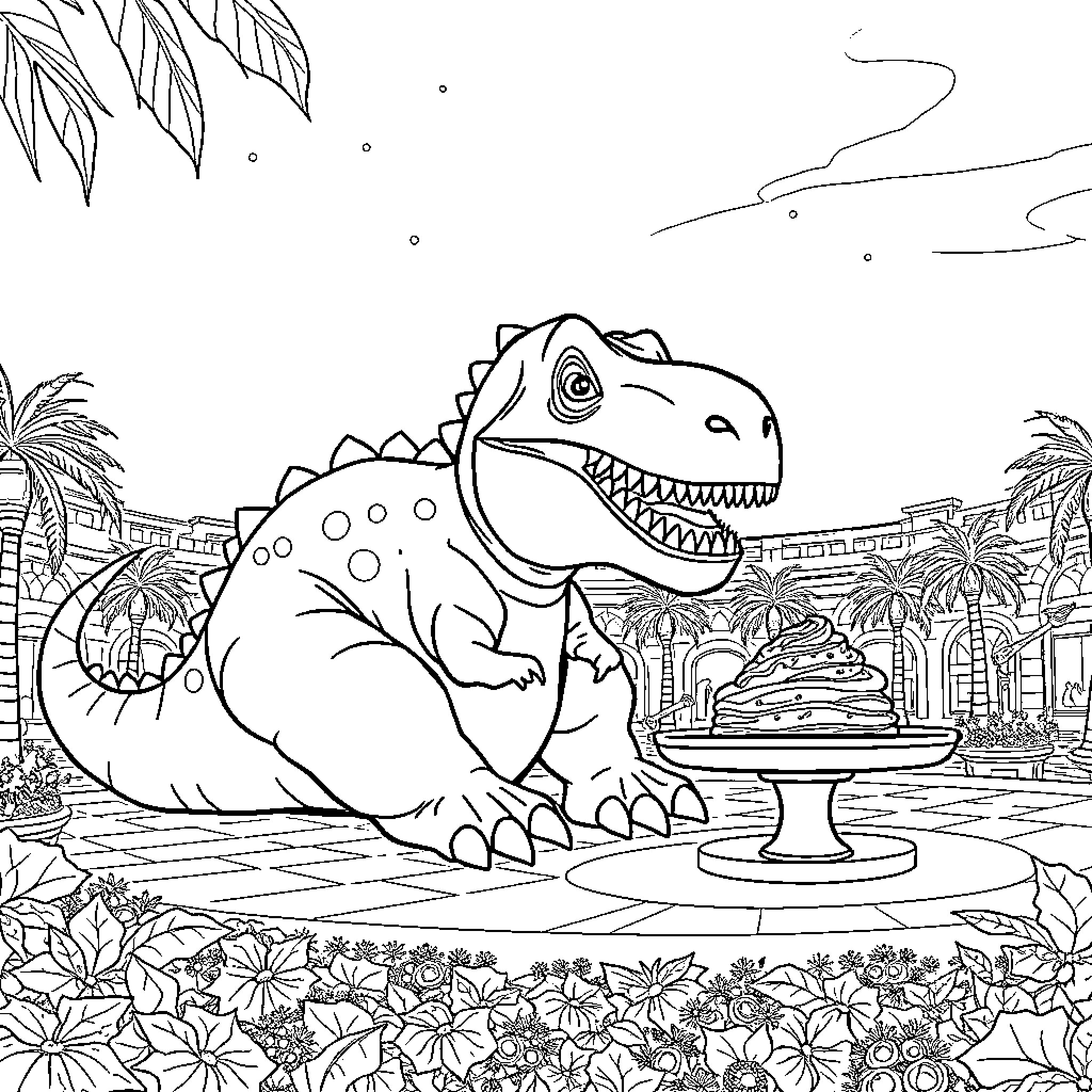 Dinosaur enjoying a fountain in tropical garden Coloring Page (free black-and-white line drawing printable PDF for all, from beginners to advanced learners, including children, teens, adults, and seniors)