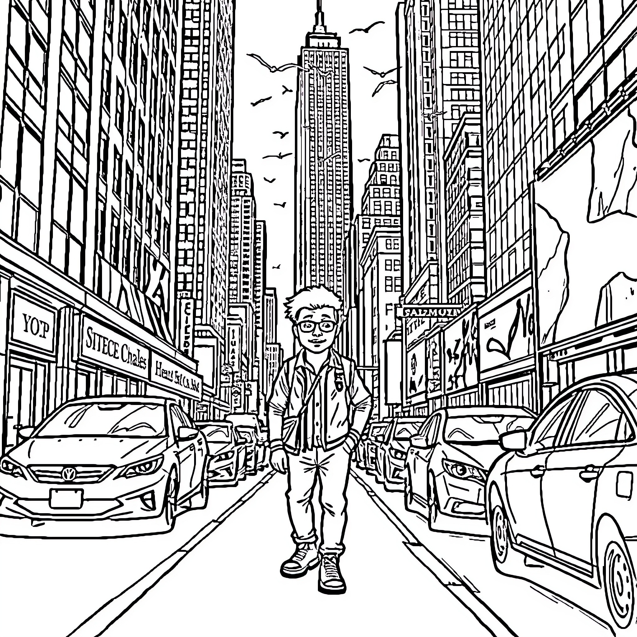 Chocho Charles explores the bustling city streets Coloring Page (free black-and-white line drawing printable PDF for all, from beginners to advanced learners, including children, teens, adults, and seniors)