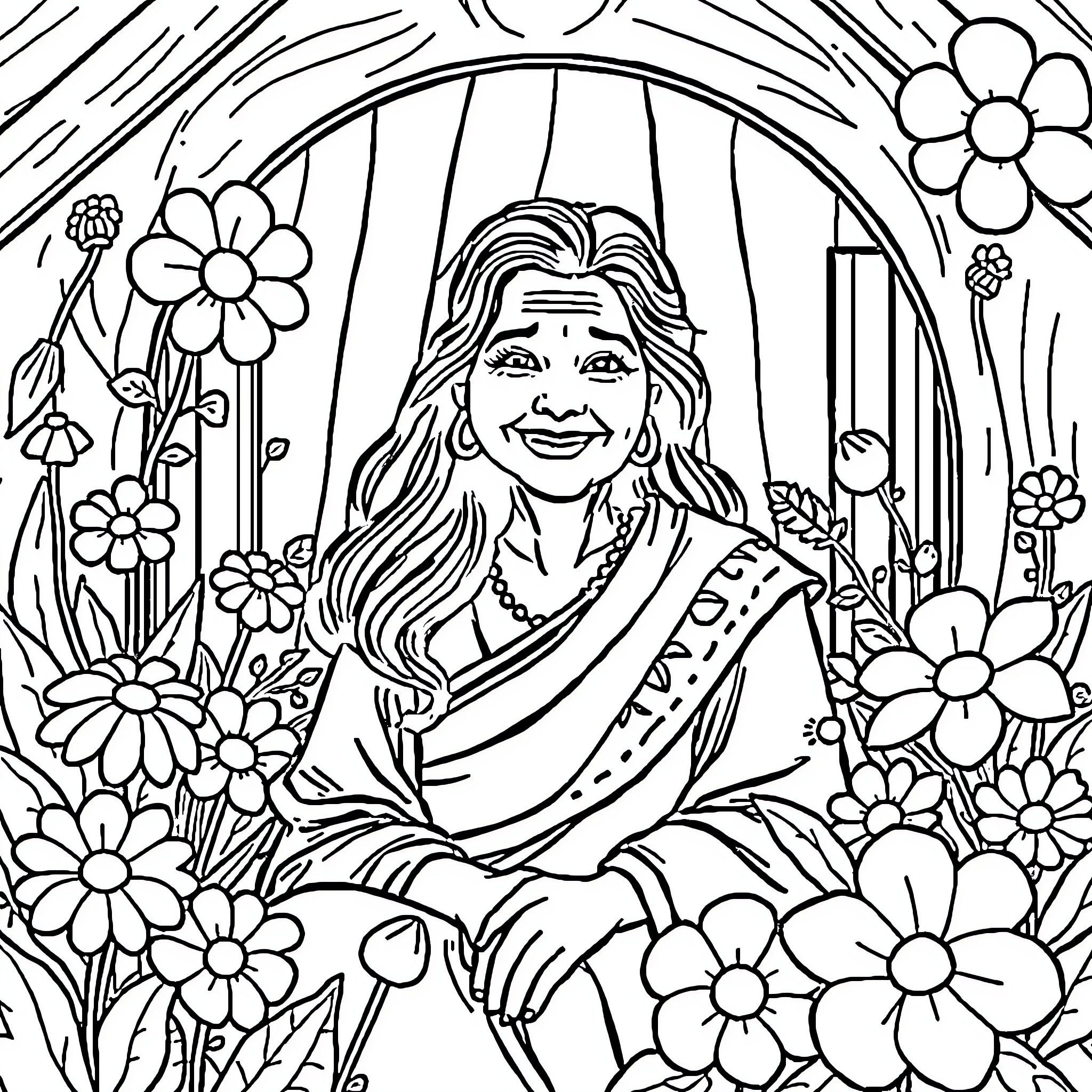 Bua's joyful floral adventure Coloring Page (free black-and-white line drawing printable PDF for all, from beginners to advanced learners, including children, teens, adults, and seniors)