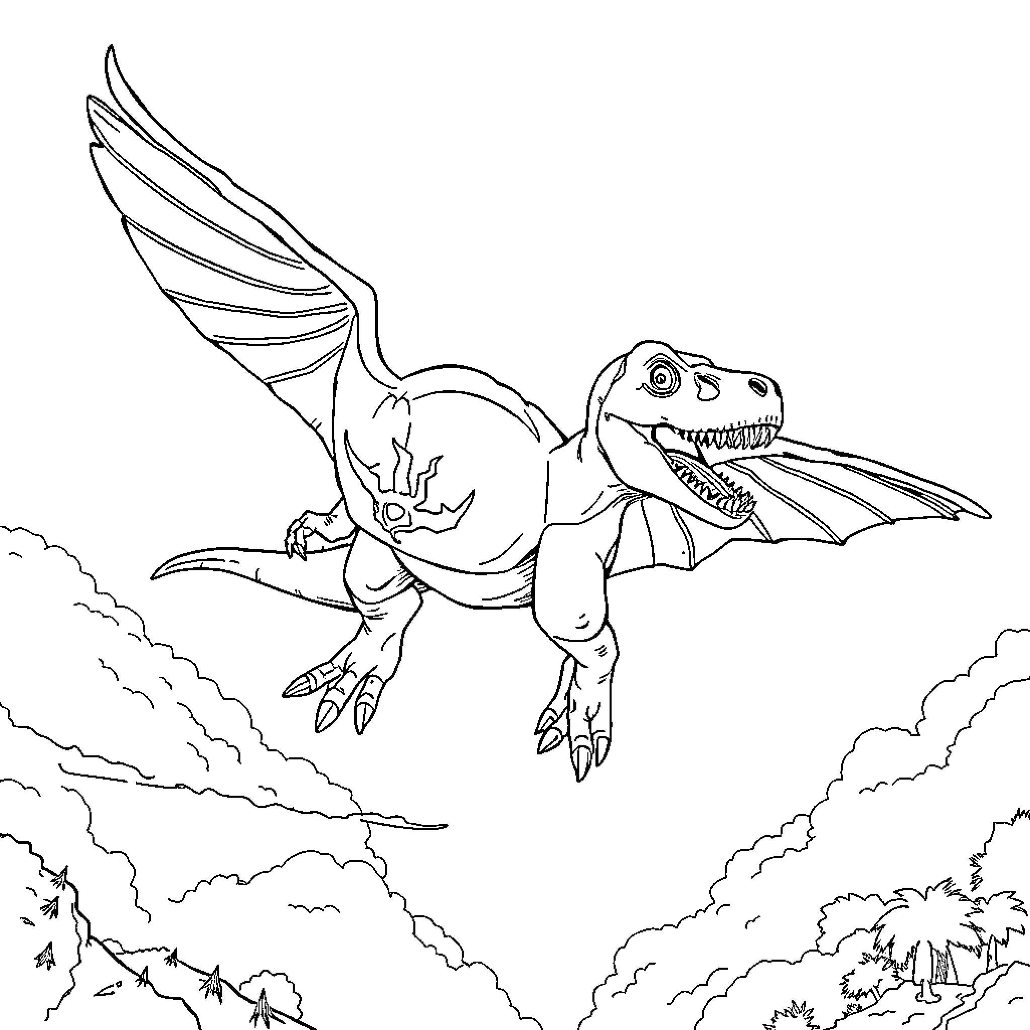 T-Rex Soaring Through the Clouds Coloring Page (free black-and-white line drawing printable PDF for all, from beginners to advanced learners, including children, teens, adults, and seniors)