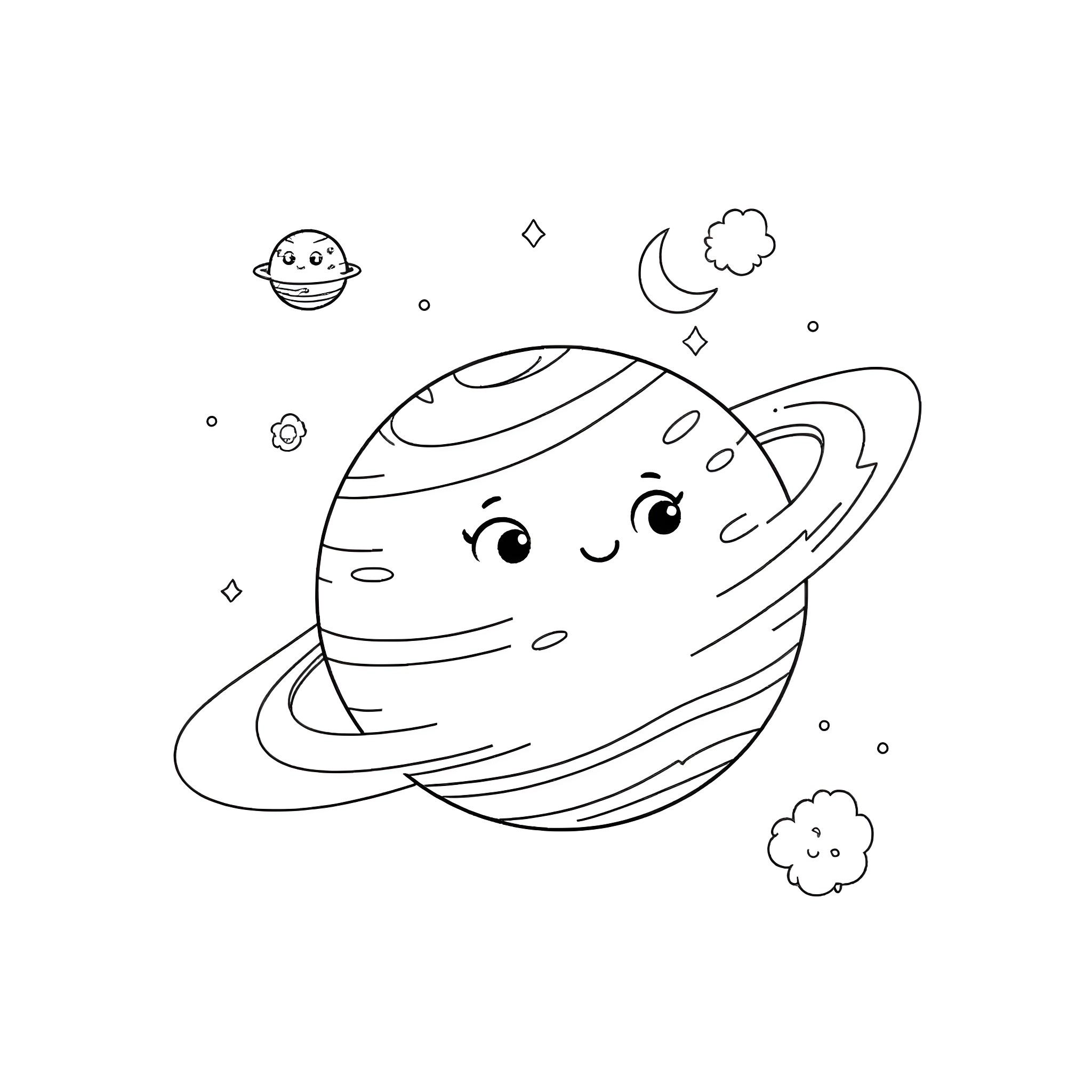 Planet with Cosmic Companions Coloring Page (free black-and-white line drawing printable PDF for all, from beginners to advanced learners, including children, teens, adults, and seniors)