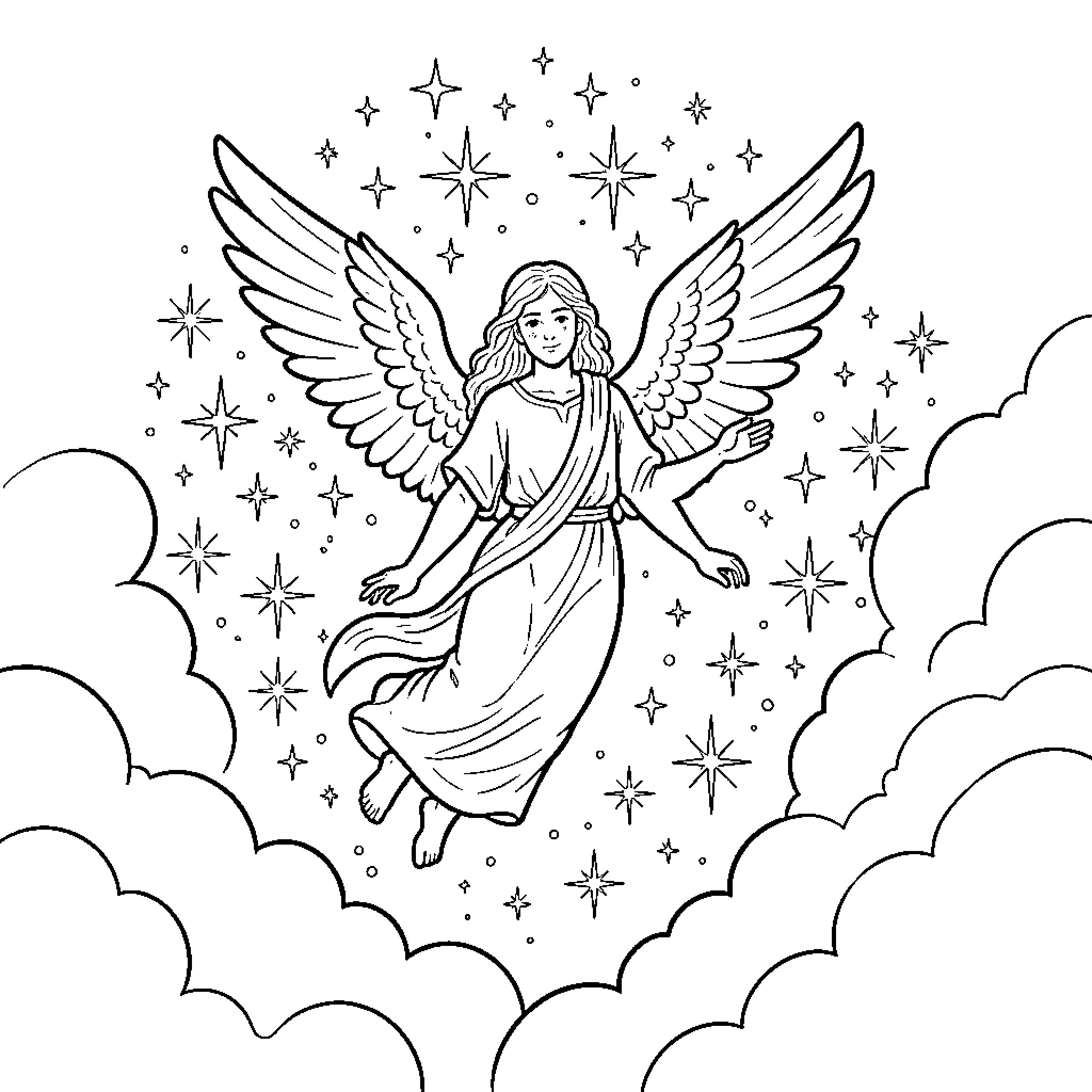 Séraphin angel floating gracefully amidst sparkling stars and clouds Coloring Page (free black-and-white line drawing printable PDF for all, from beginners to advanced learners, including children, teens, adults, and seniors)