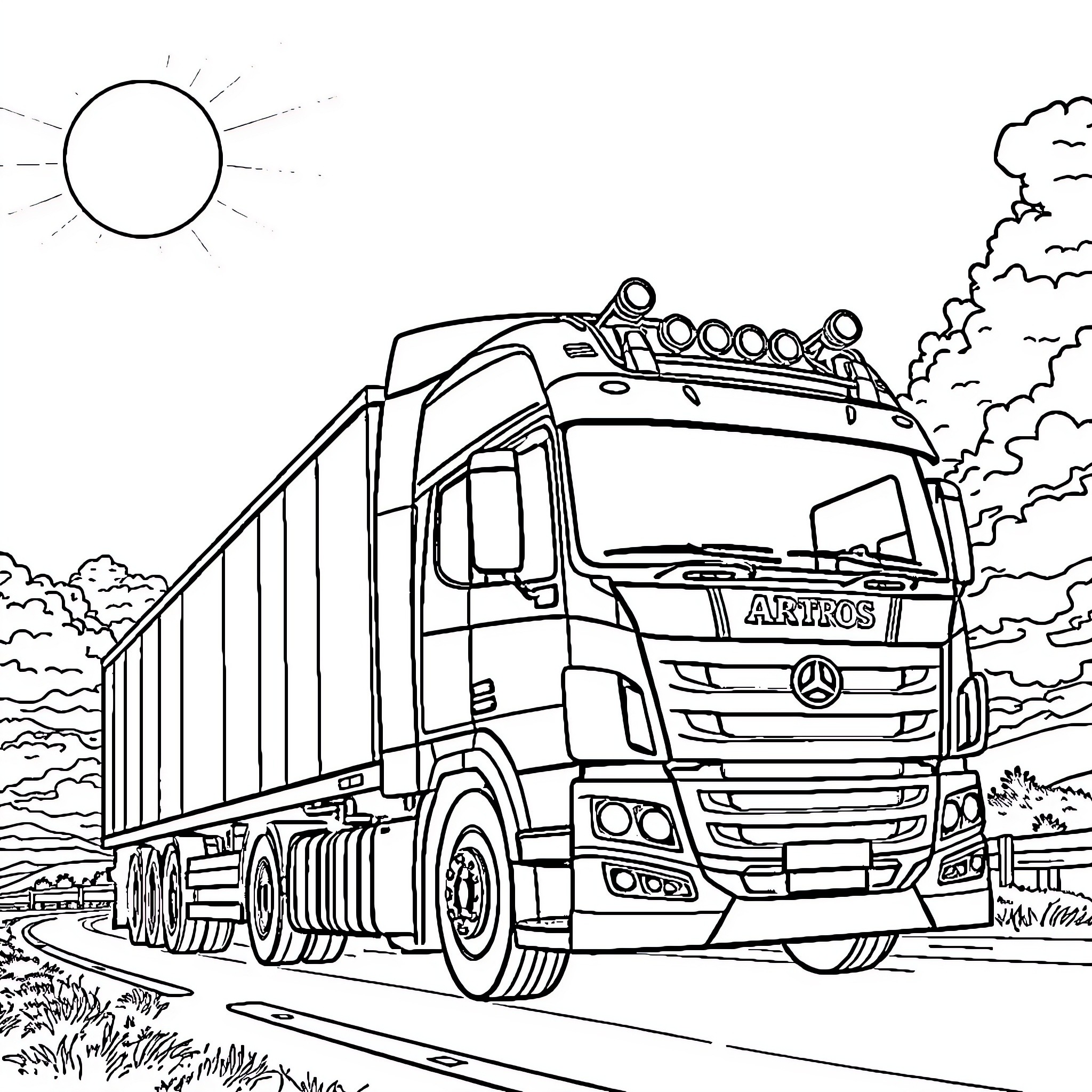 Truck Transporting Goods on the Road Coloring Page (free black-and-white line drawing printable PDF for all, from beginners to advanced learners, including children, teens, adults, and seniors)