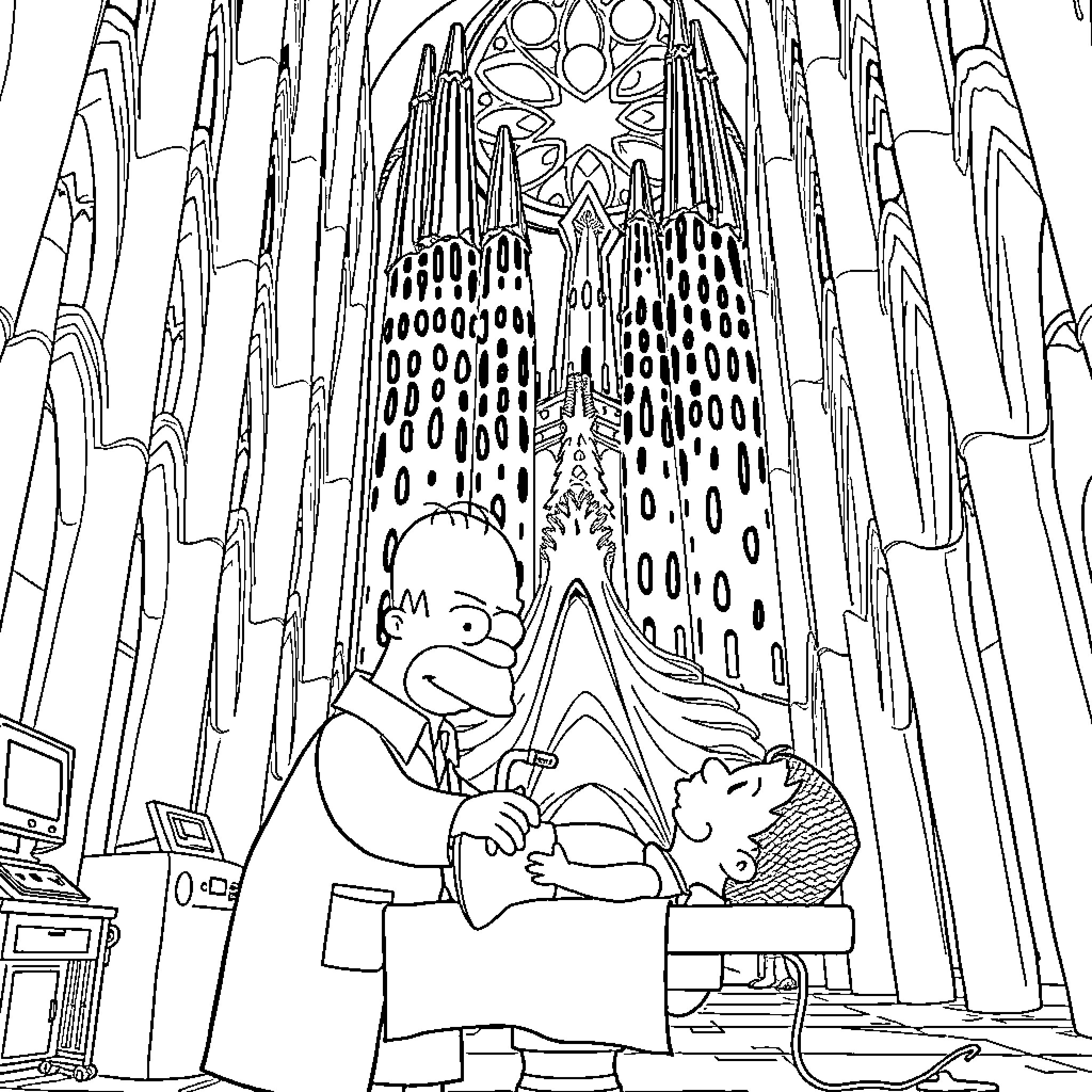 Homer Simpson admiring the Sagrada Familia cathedral Coloring Page (free black-and-white line drawing printable PDF for all, from beginners to advanced learners, including children, teens, adults, and seniors)