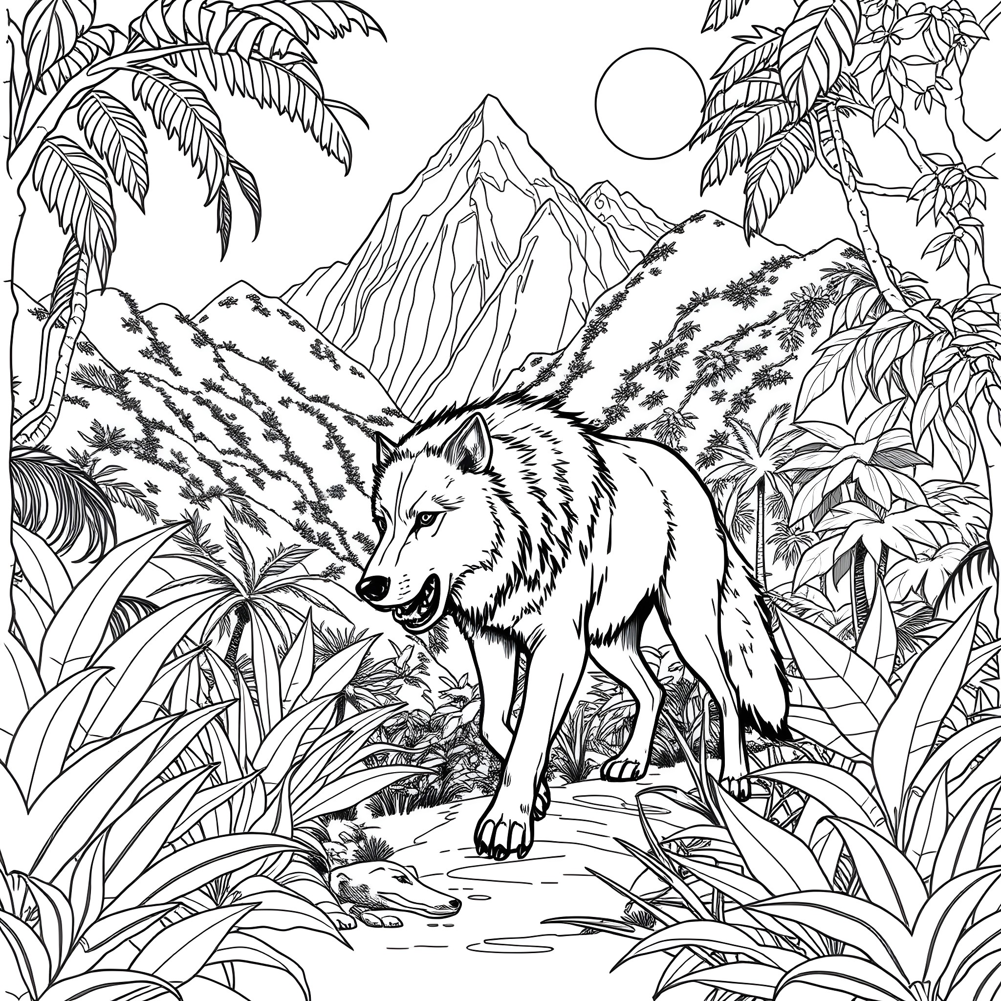 Wolf roaming through the lush tropical landscape Coloring Page (free black-and-white line drawing printable PDF for all, from beginners to advanced learners, including children, teens, adults, and seniors)
