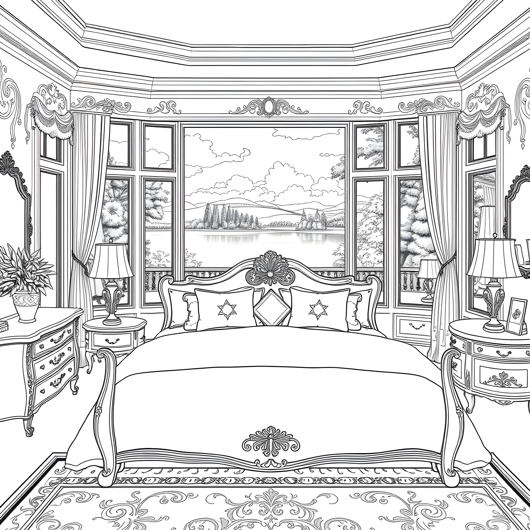 Bedroom with a Scenic Window View Coloring Page (free black-and-white line drawing printable PDF for all, from beginners to advanced learners, including children, teens, adults, and seniors)