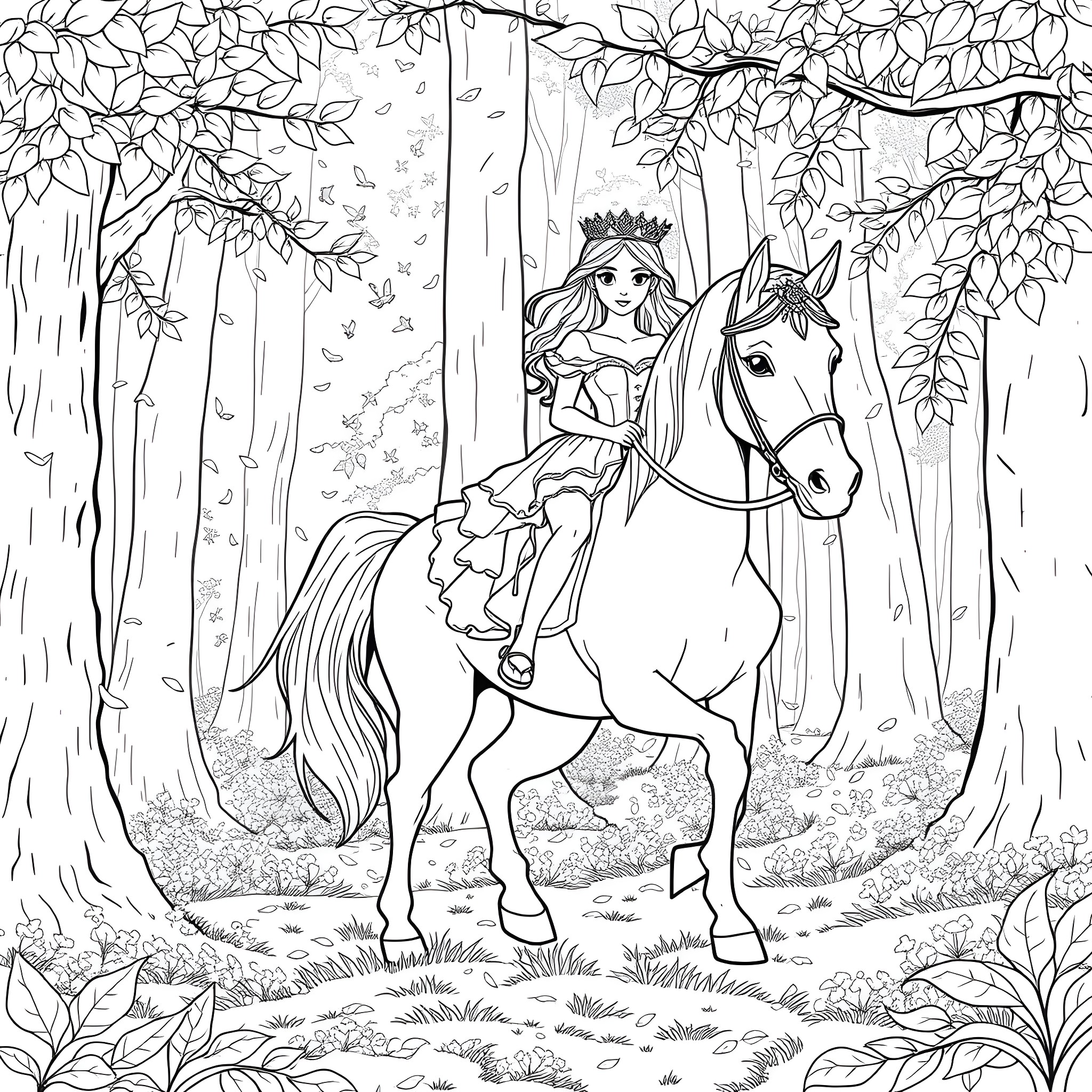Princess riding a horse through the enchanted forest Coloring Page (free black-and-white line drawing printable PDF for all, from beginners to advanced learners, including children, teens, adults, and seniors)