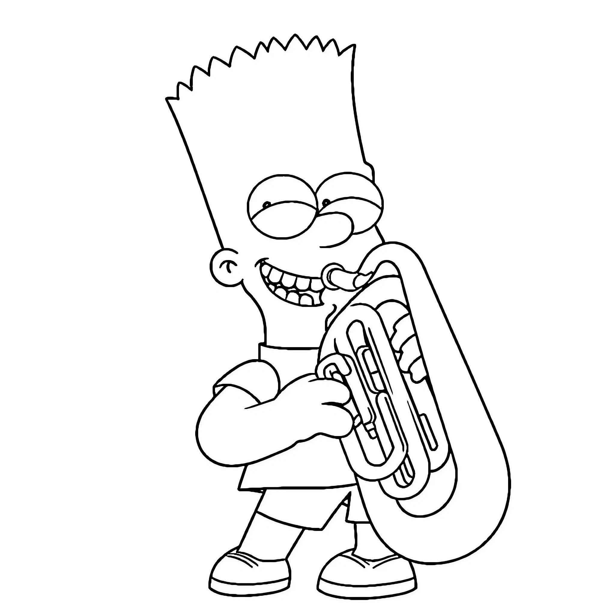Bart Simpson playing a tuba with a mischievous expression Coloring Page (free black-and-white line drawing printable PDF for all, from beginners to advanced learners, including children, teens, adults, and seniors)