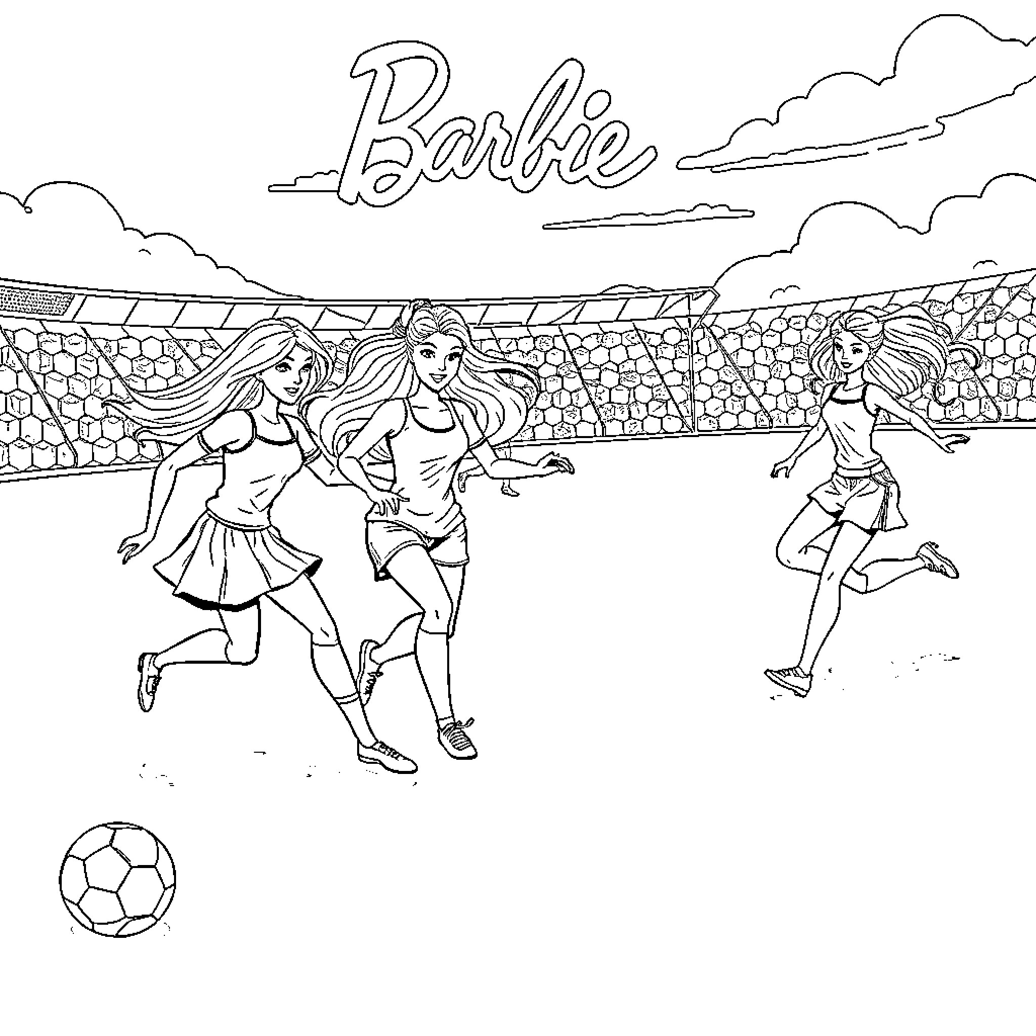 Barbie playing soccer with friends on the field Coloring Page (free black-and-white line drawing printable PDF for all, from beginners to advanced learners, including children, teens, adults, and seniors)