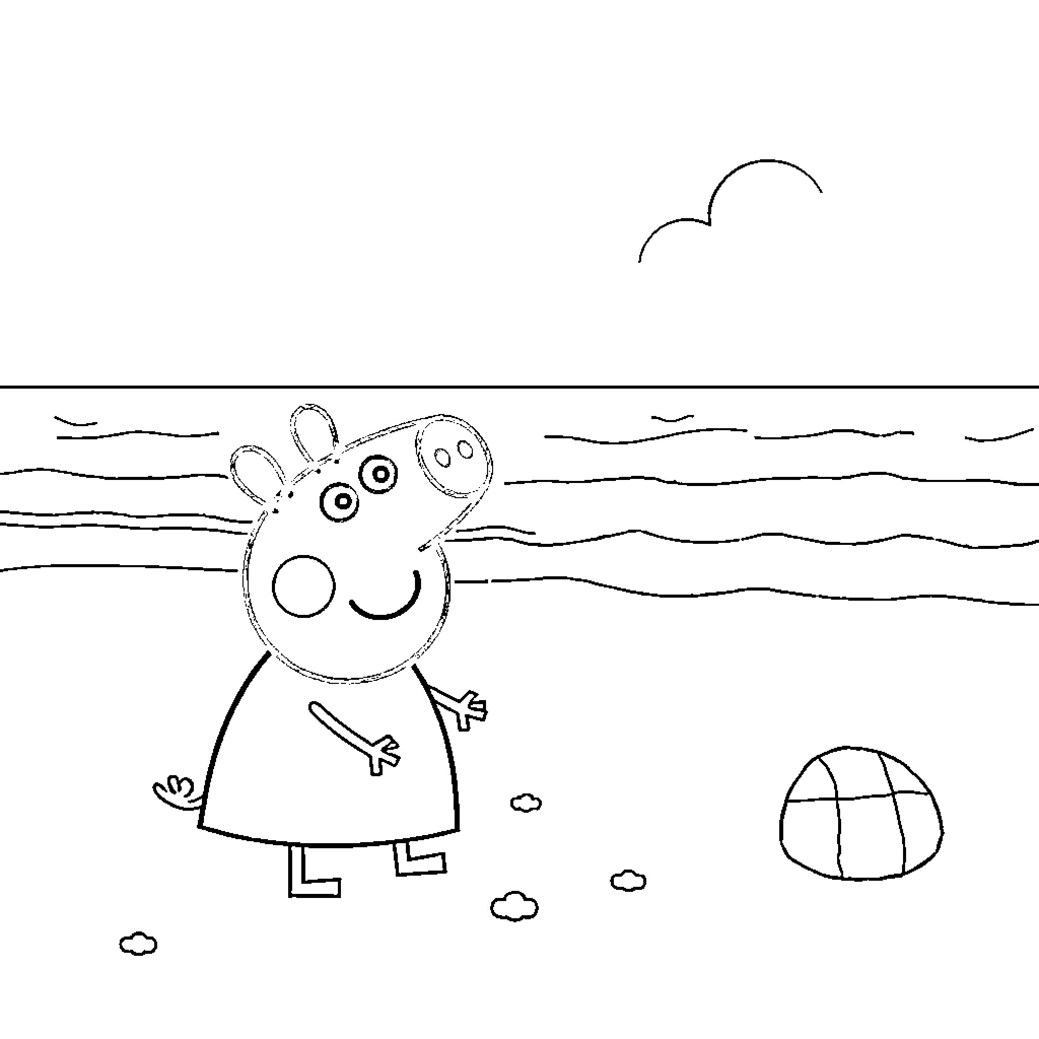 Peppa Pig enjoys a day at the beach Coloring Page (free black-and-white line drawing printable PDF for all, from beginners to advanced learners, including children, teens, adults, and seniors)