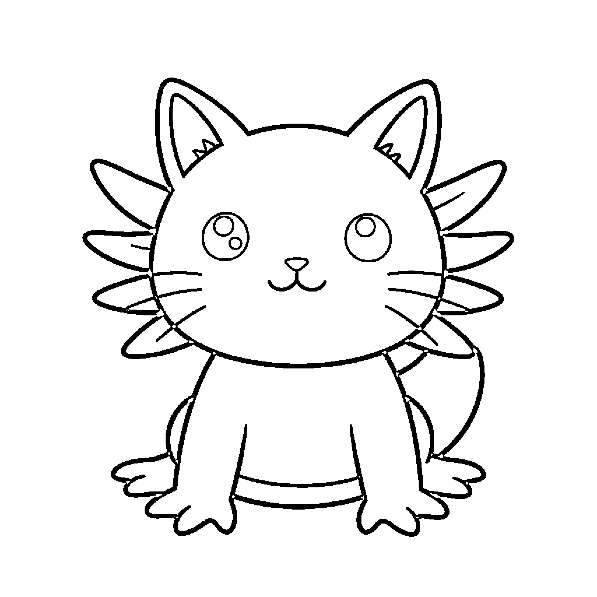 Cat-Axolotl smiling and looking happy Coloring Page (free black-and-white line drawing printable PDF for all, from beginners to advanced learners, including children, teens, adults, and seniors)