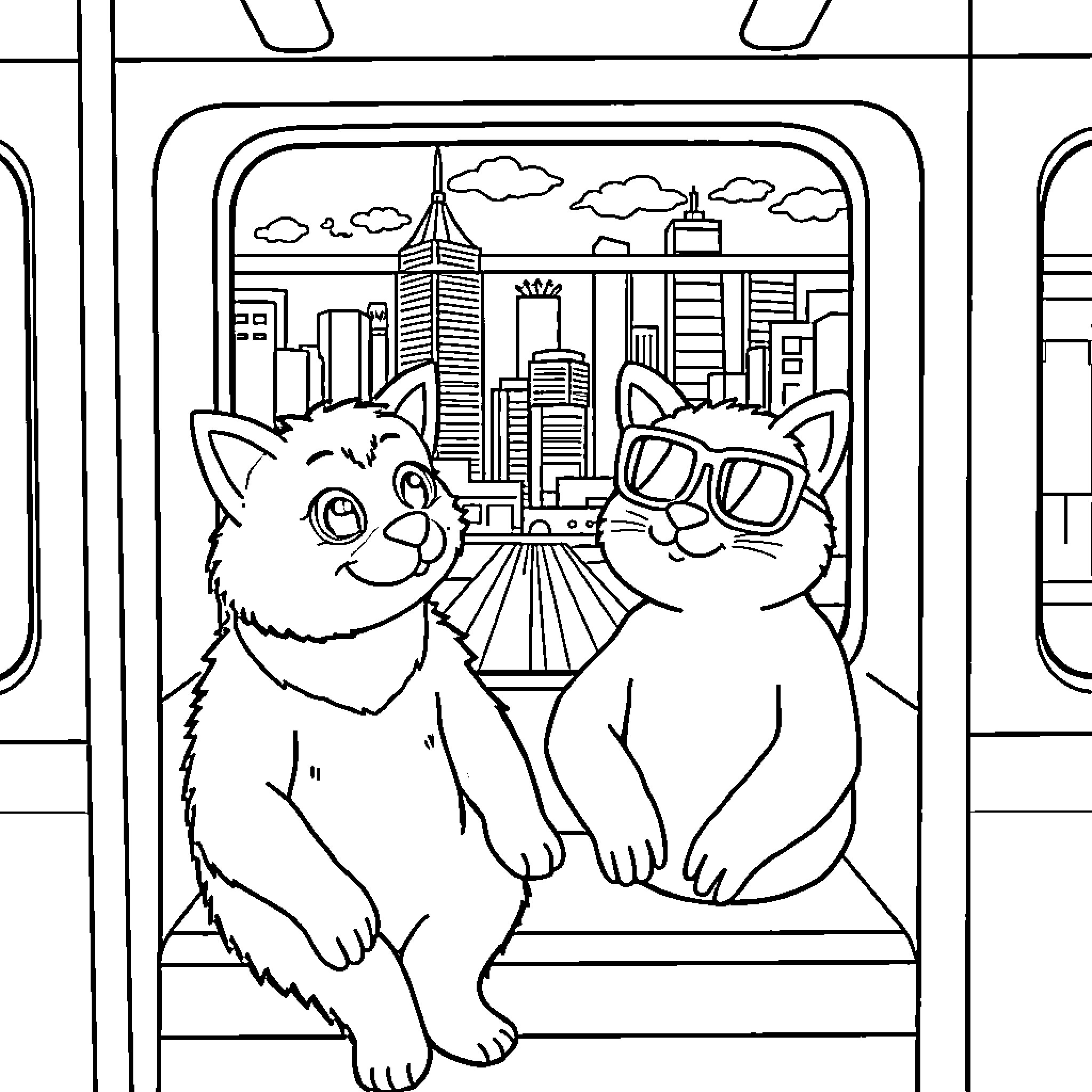 Bluey's City Adventure with Furry Friends Coloring Page (free black-and-white line drawing printable PDF for all, from beginners to advanced learners, including children, teens, adults, and seniors)