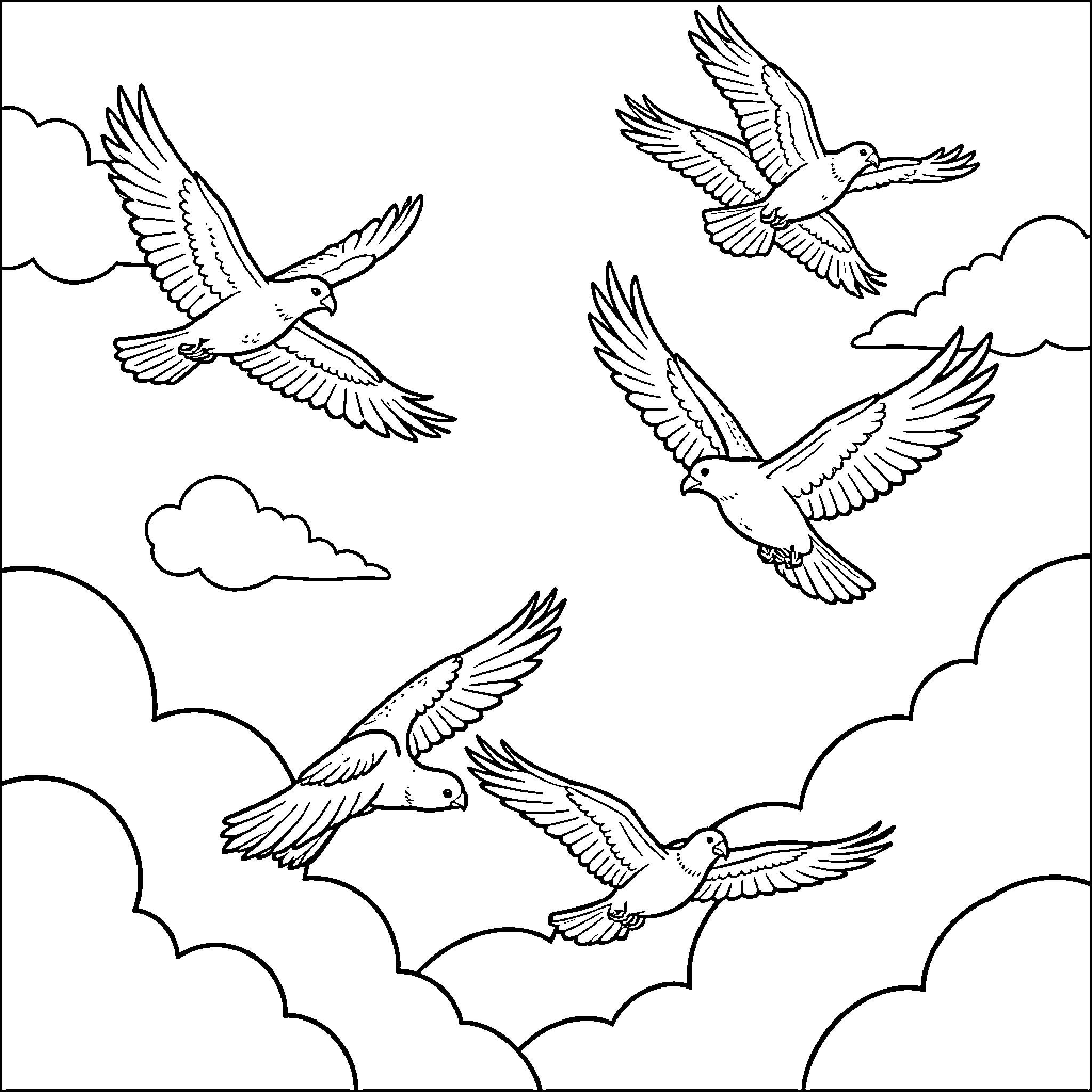 Birds soaring gracefully through the cloudy sky Coloring Page (free black-and-white line drawing printable PDF for all, from beginners to advanced learners, including children, teens, adults, and seniors)