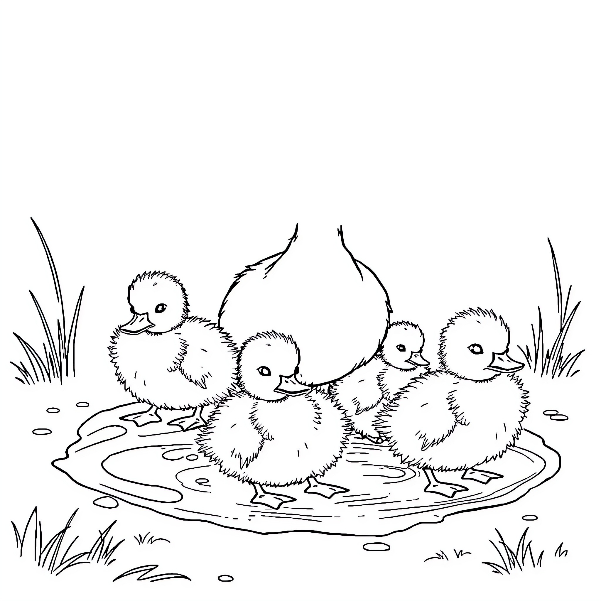 Duck family swimming in the pond Coloring Page (free black-and-white line drawing printable PDF for all, from beginners to advanced learners, including children, teens, adults, and seniors)