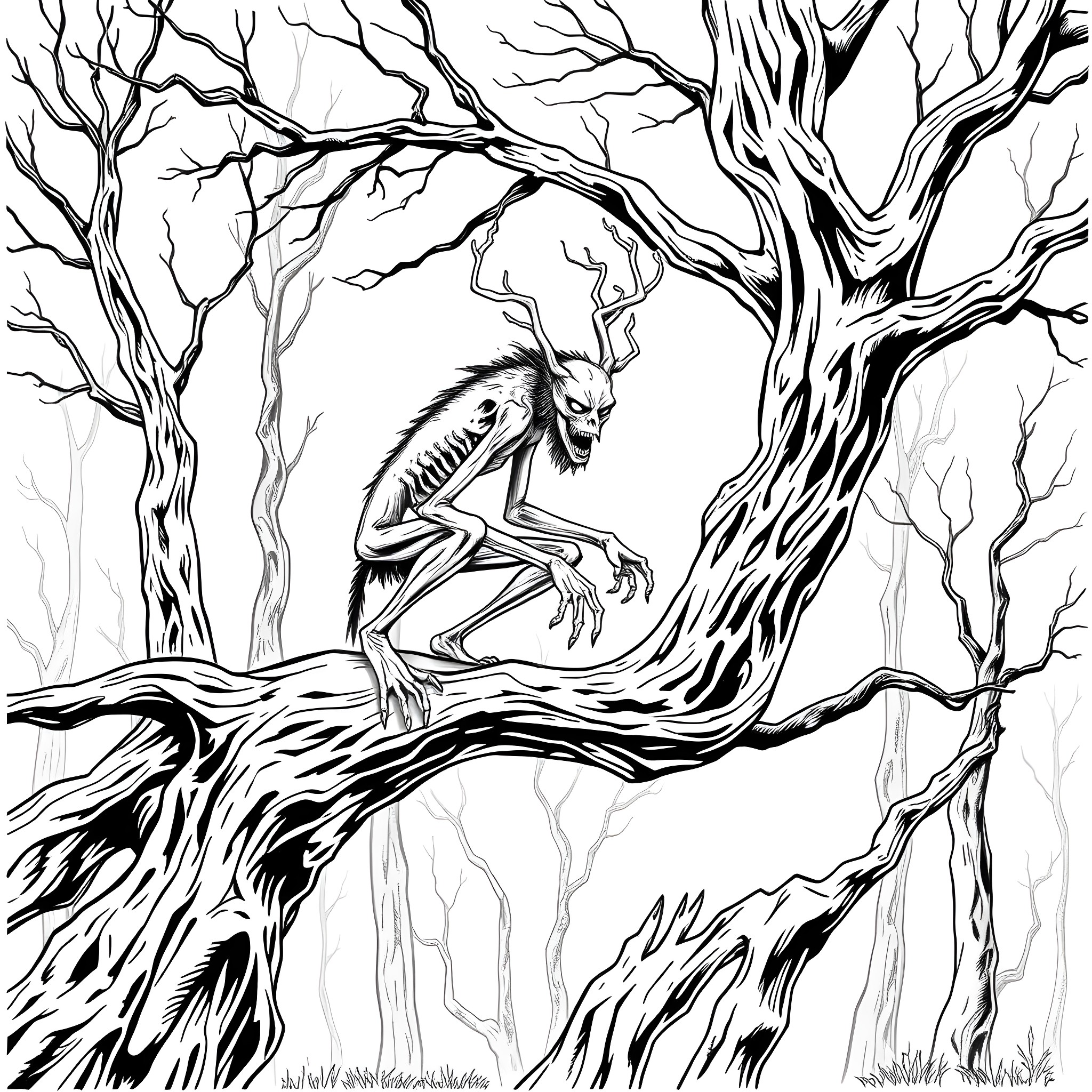 Wendigo in the Eerie Forest Coloring Page (free black-and-white line drawing printable PDF for all, from beginners to advanced learners, including children, teens, adults, and seniors)