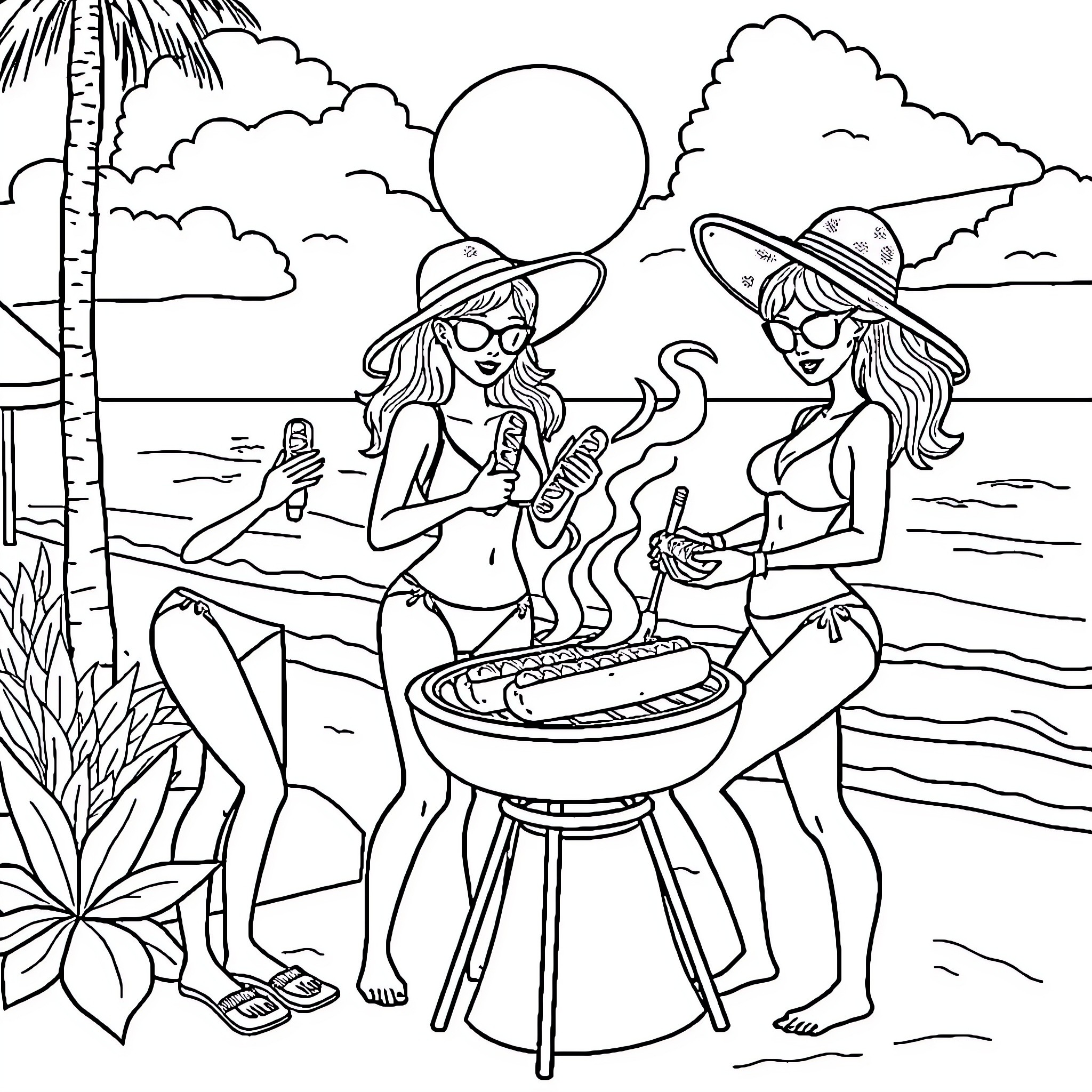 Girls enjoying beach barbecue on sunny day Coloring Page (free black-and-white line drawing printable PDF for all, from beginners to advanced learners, including children, teens, adults, and seniors)