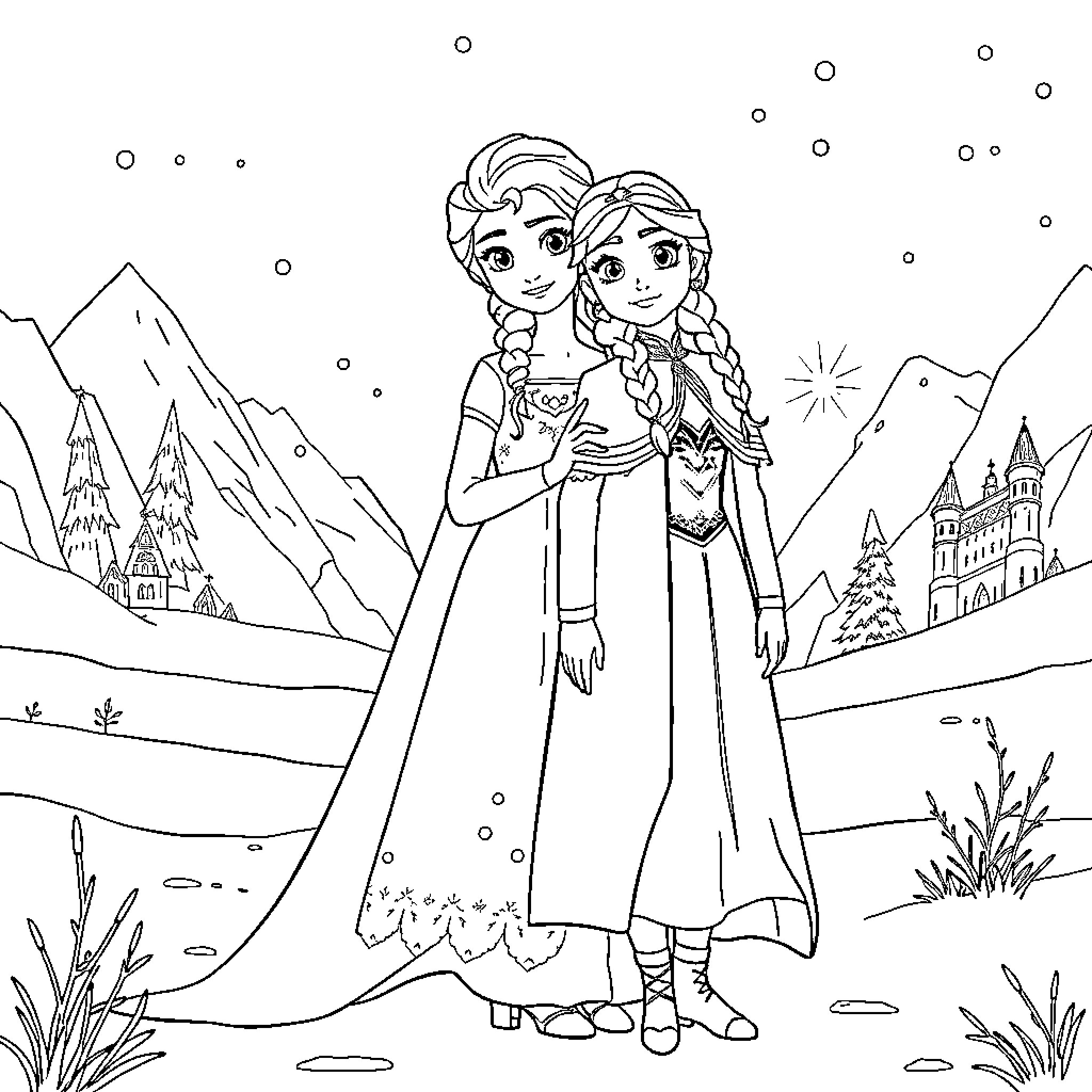 Anna and Elsa in a Snowy Landscape Coloring Page (free black-and-white line drawing printable PDF for all, from beginners to advanced learners, including children, teens, adults, and seniors)