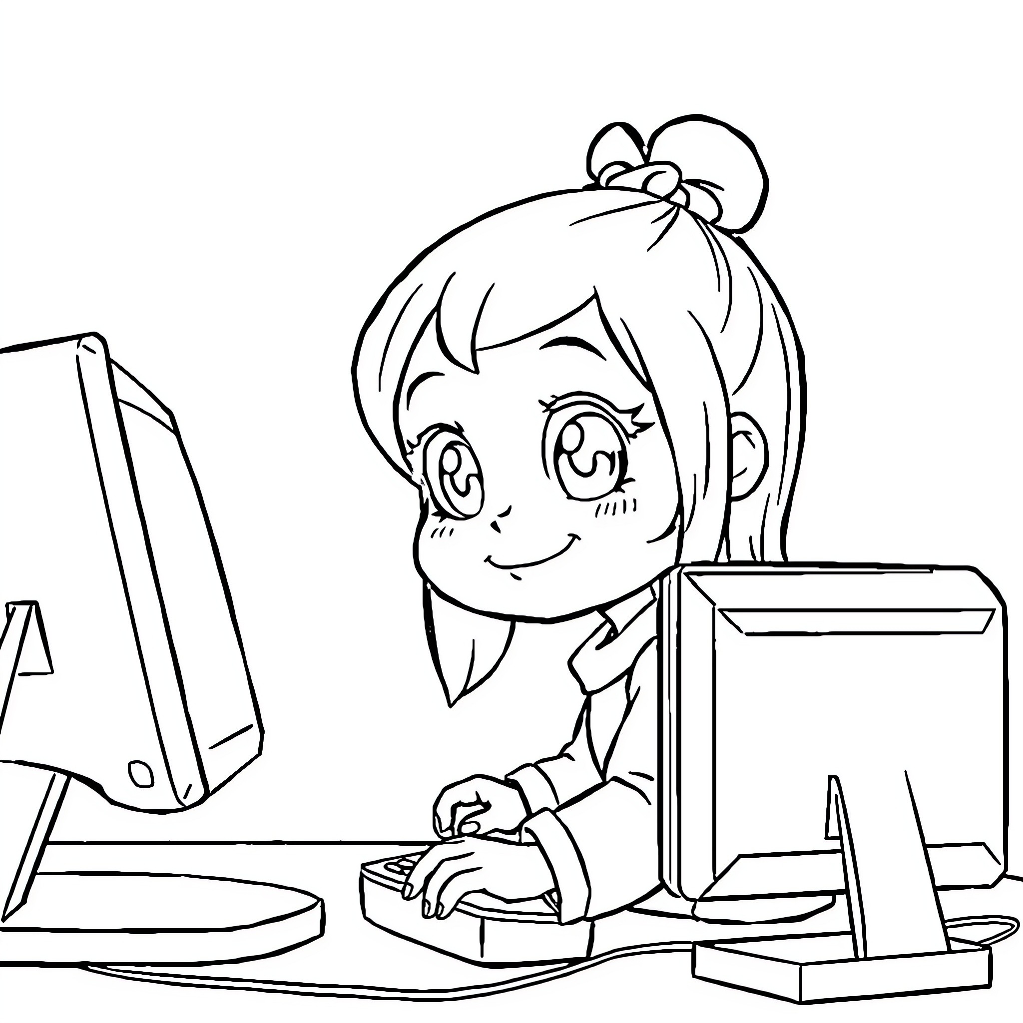 Chibi Girl Enjoying Computer at Desk Coloring Page (free black-and-white line drawing printable PDF for all, from beginners to advanced learners, including children, teens, adults, and seniors)