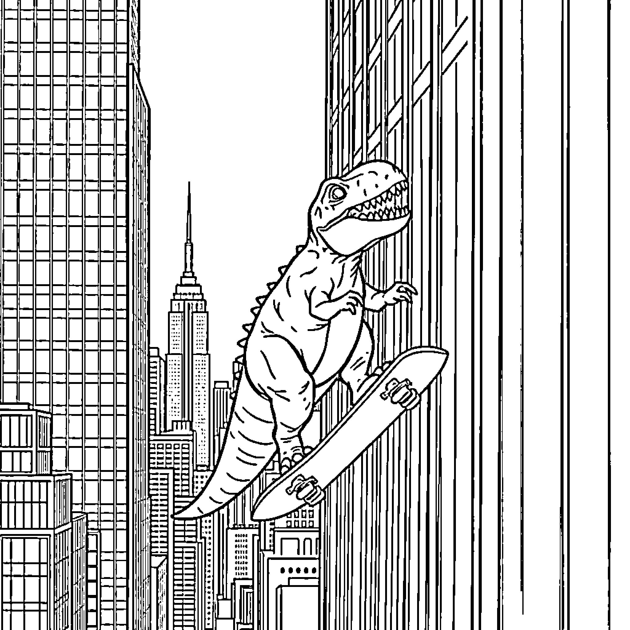 T-Rex Unleashed in the City Coloring Page (free black-and-white line drawing printable PDF for all, from beginners to advanced learners, including children, teens, adults, and seniors)