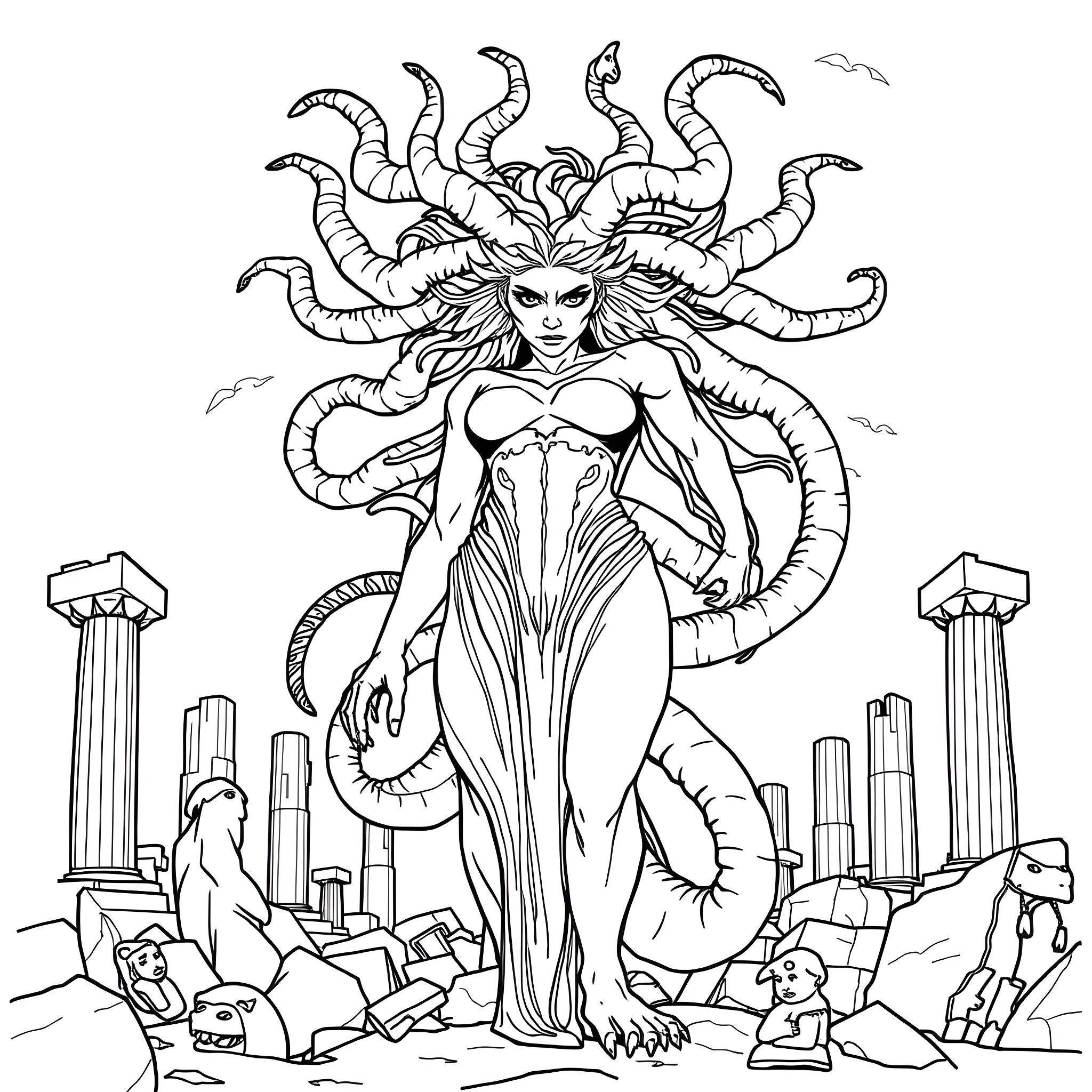 Medusa Emerging from the Ruins with Serpent Hair Coloring Page (free black-and-white line drawing printable PDF for all, from beginners to advanced learners, including children, teens, adults, and seniors)
