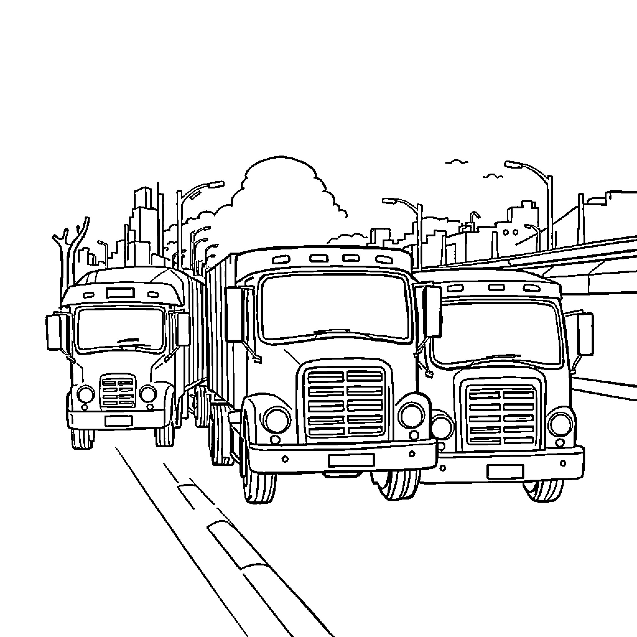 Tralalerito trucks driving on the city road Coloring Page (free black-and-white line drawing printable PDF for all, from beginners to advanced learners, including children, teens, adults, and seniors)