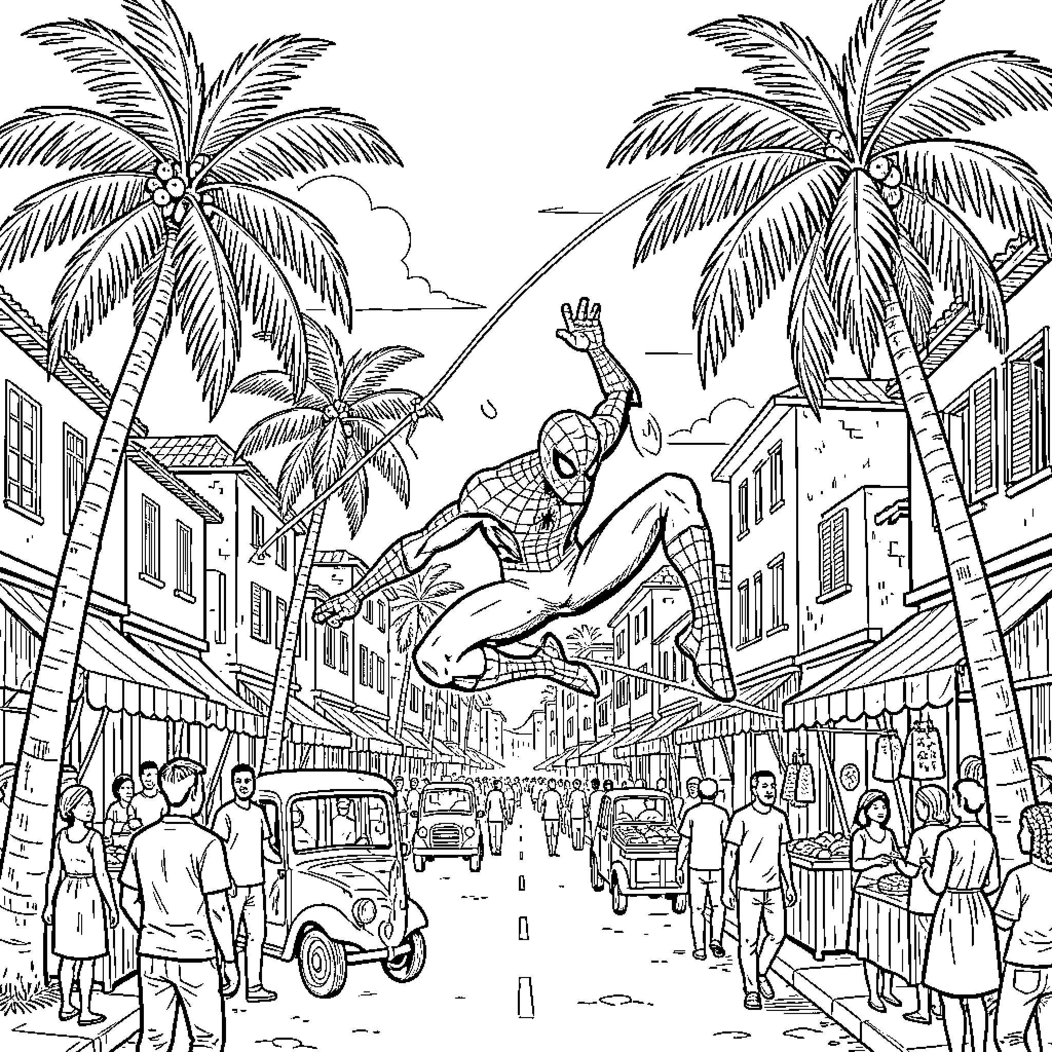 Spiderman swinging through a busy tropical street scene Coloring Page (free black-and-white line drawing printable PDF for all, from beginners to advanced learners, including children, teens, adults, and seniors)