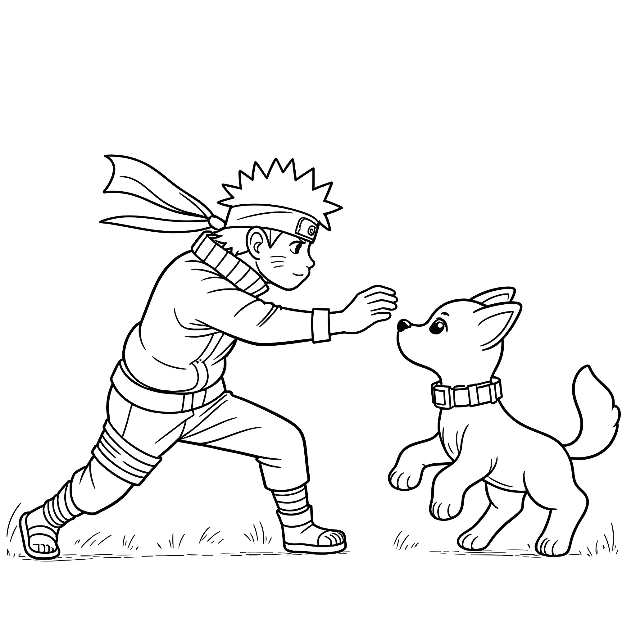 Naruto training his ninja skills with his dog companion Coloring Page (free black-and-white line drawing printable PDF for all, from beginners to advanced learners, including children, teens, adults, and seniors)
