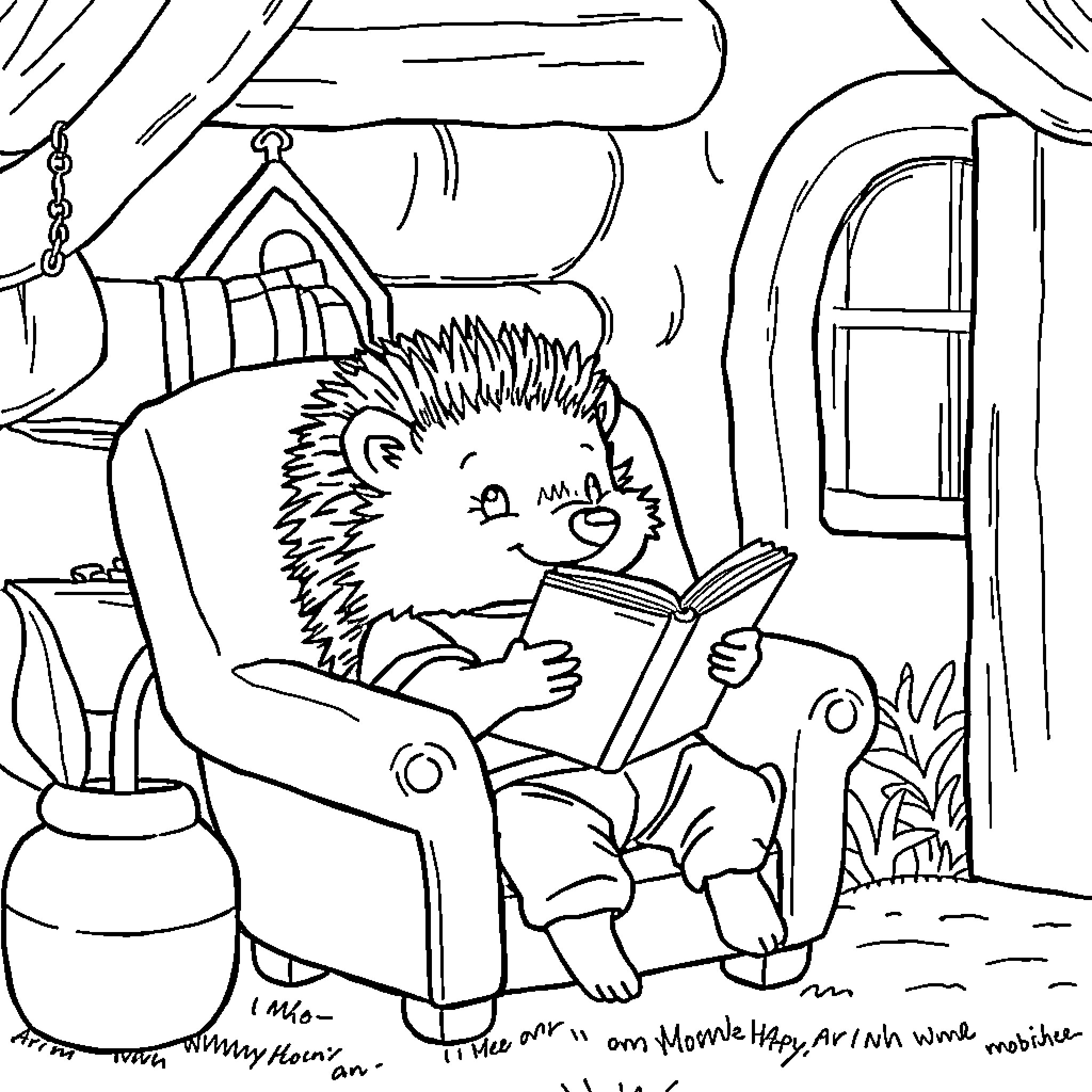 Hedgehog reading a book in a cozy cabin Coloring Page (free black-and-white line drawing printable PDF for all, from beginners to advanced learners, including children, teens, adults, and seniors)