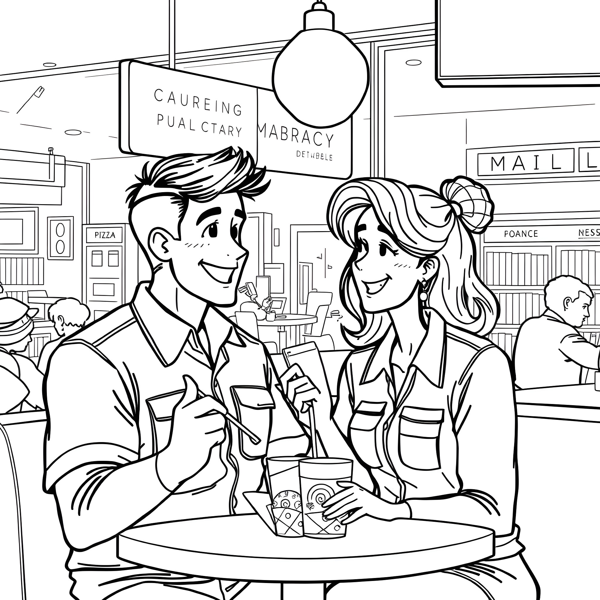 Husband and wife enjoying coffee together at a cafe Coloring Page (free black-and-white line drawing printable PDF for all, from beginners to advanced learners, including children, teens, adults, and seniors)