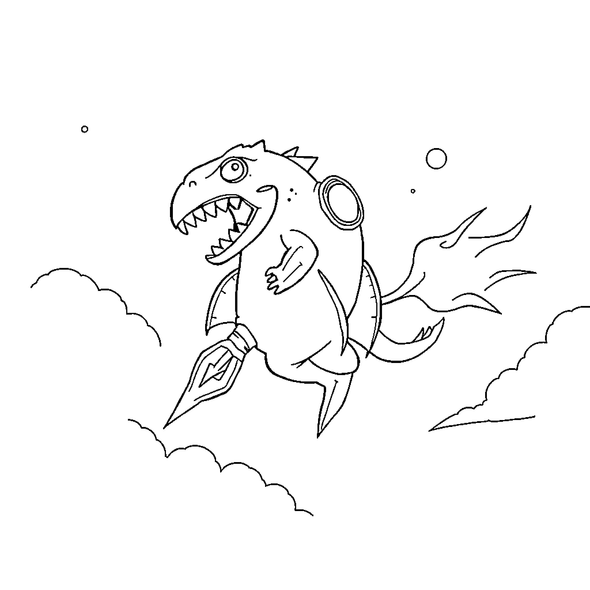 Rocket-powered sea creature takes flight Coloring Page (free black-and-white line drawing printable PDF for all, from beginners to advanced learners, including children, teens, adults, and seniors)