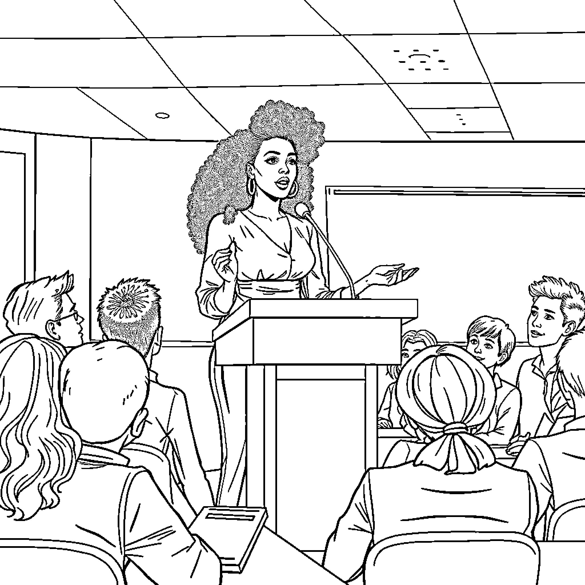 Solange Knowles delivers a passionate speech to the audience Coloring Page (free black-and-white line drawing printable PDF for all, from beginners to advanced learners, including children, teens, adults, and seniors)
