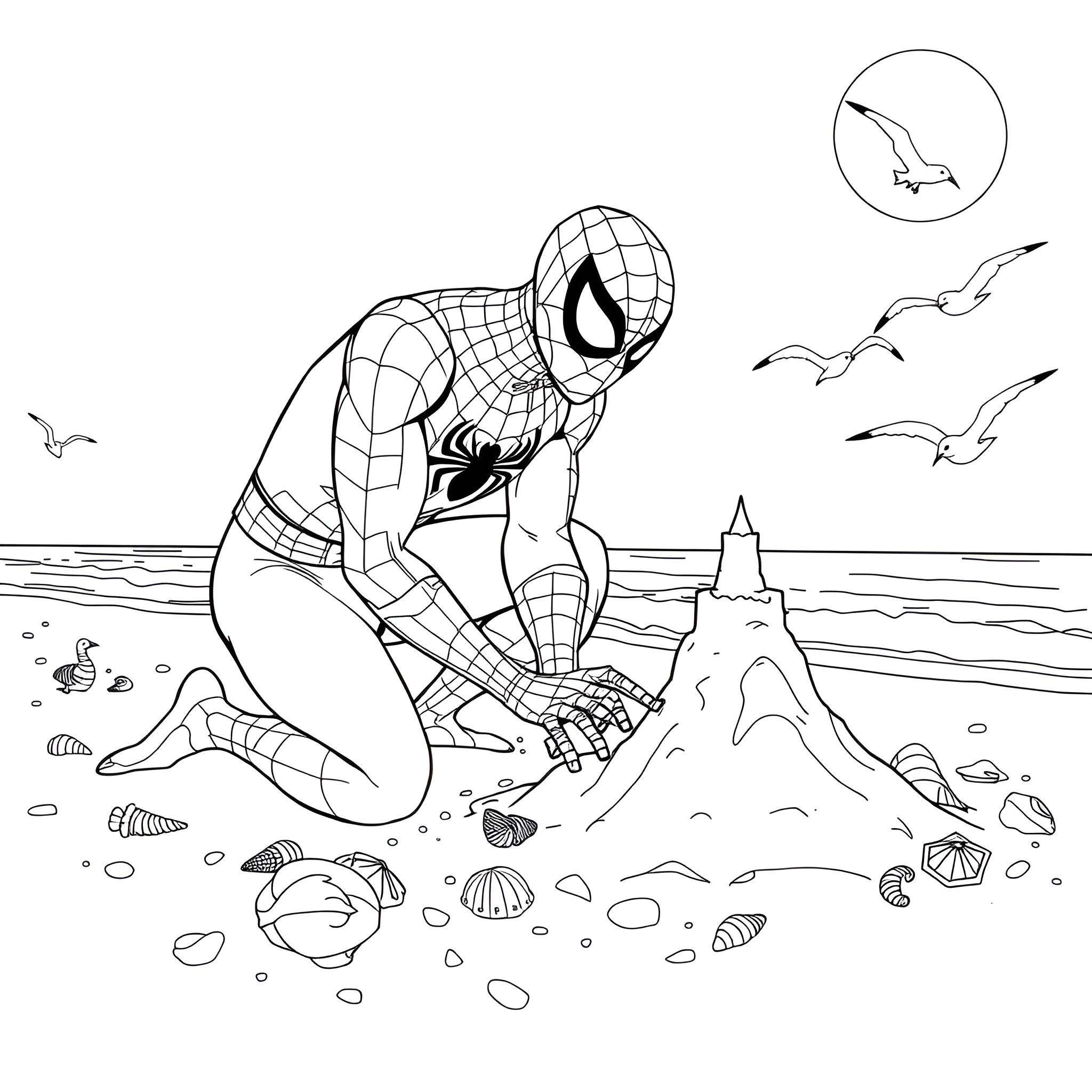 Spiderman relaxing on the beach Coloring Page (free black-and-white line drawing printable PDF for all, from beginners to advanced learners, including children, teens, adults, and seniors)