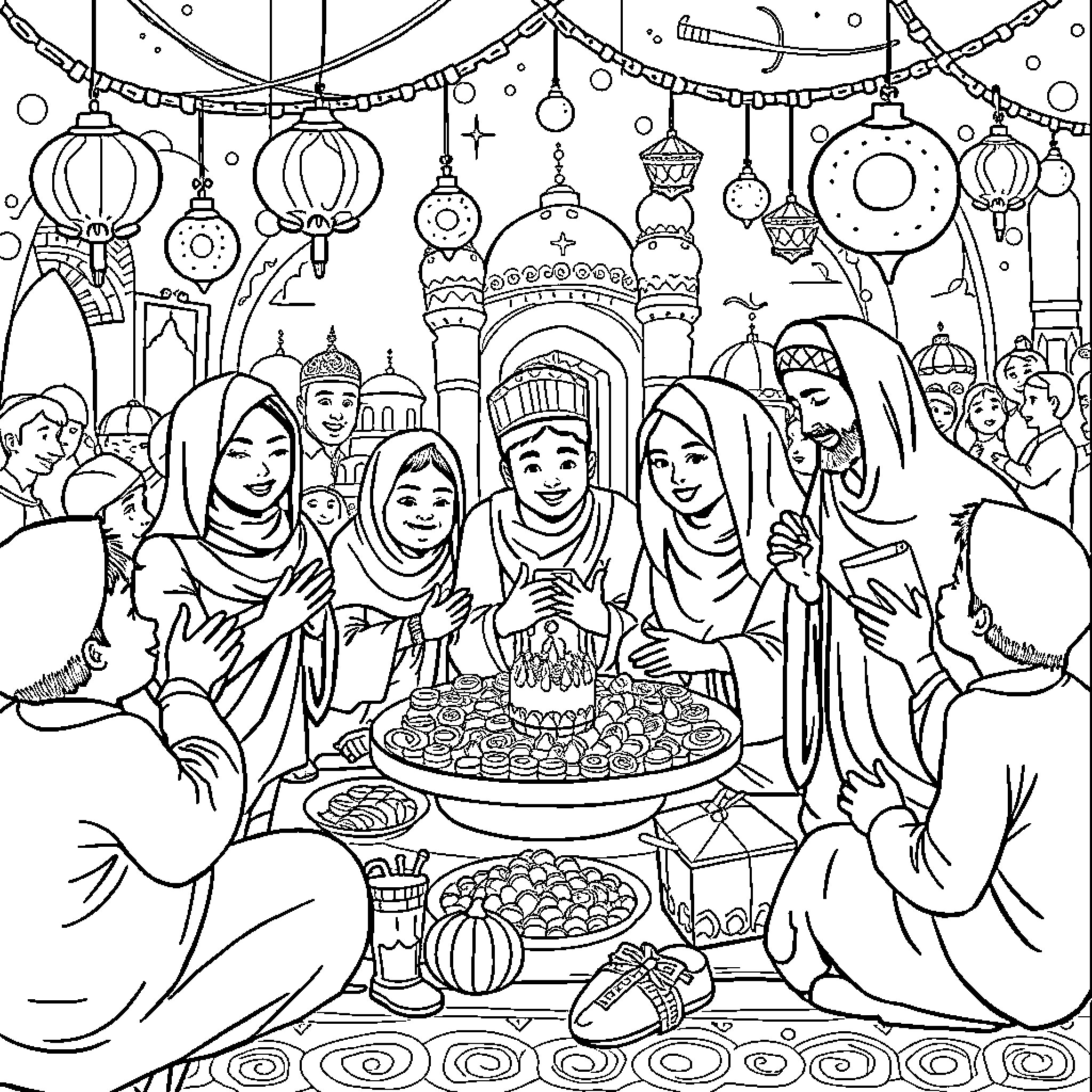 Eid Celebration with Diverse Gathering and Traditional Feast Coloring Page (free black-and-white line drawing printable PDF for all, from beginners to advanced learners, including children, teens, adults, and seniors)