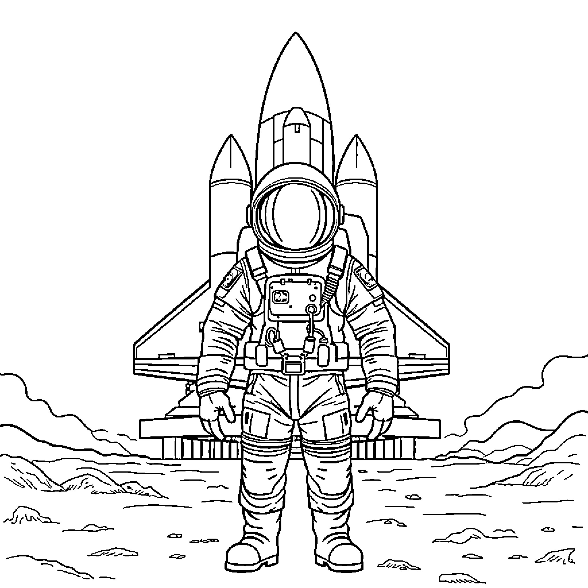 Astronaut preparing for space mission near rocket Coloring Page (free black-and-white line drawing printable PDF for all, from beginners to advanced learners, including children, teens, adults, and seniors)