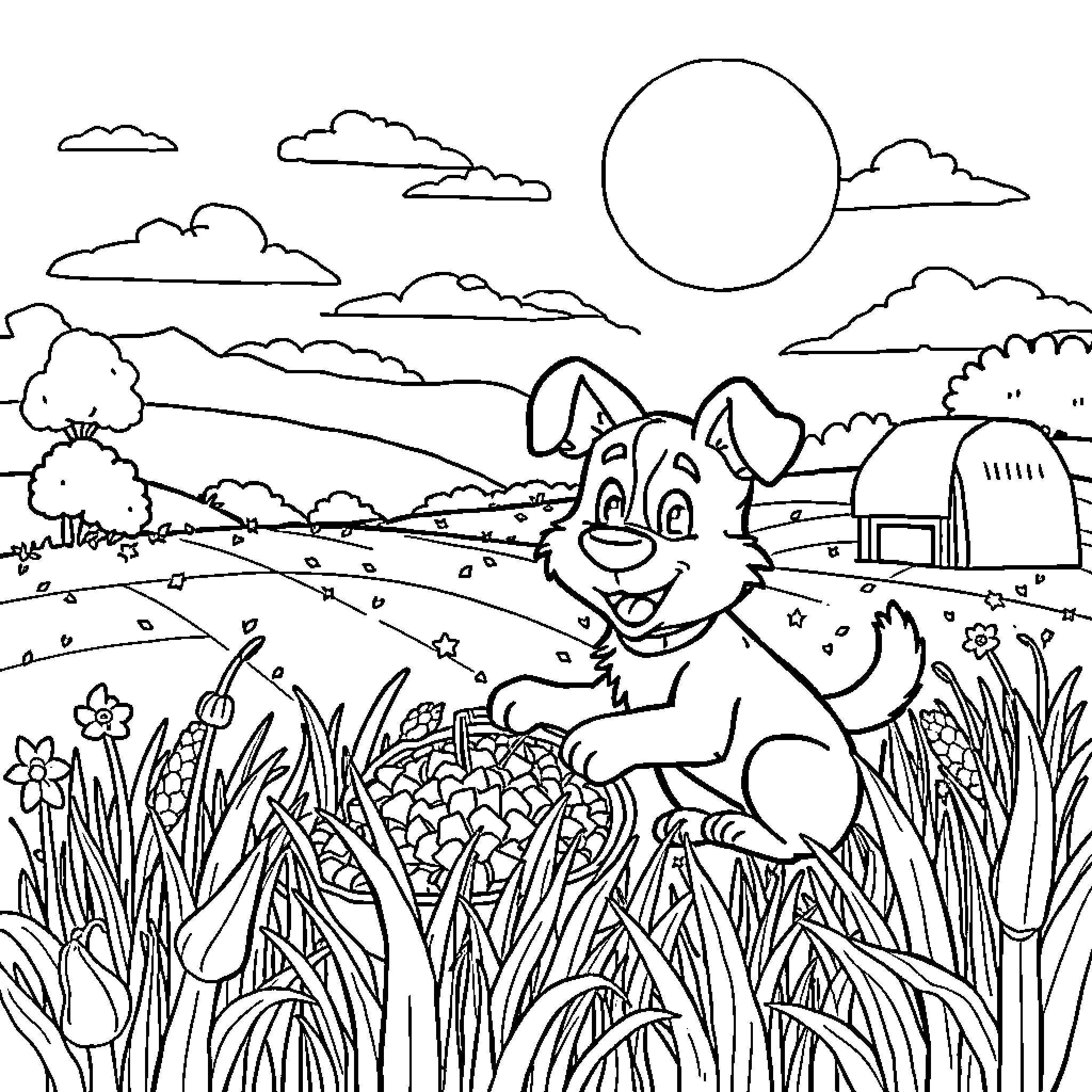 Bluey exploring the countryside landscape Coloring Page (free black-and-white line drawing printable PDF for all, from beginners to advanced learners, including children, teens, adults, and seniors)