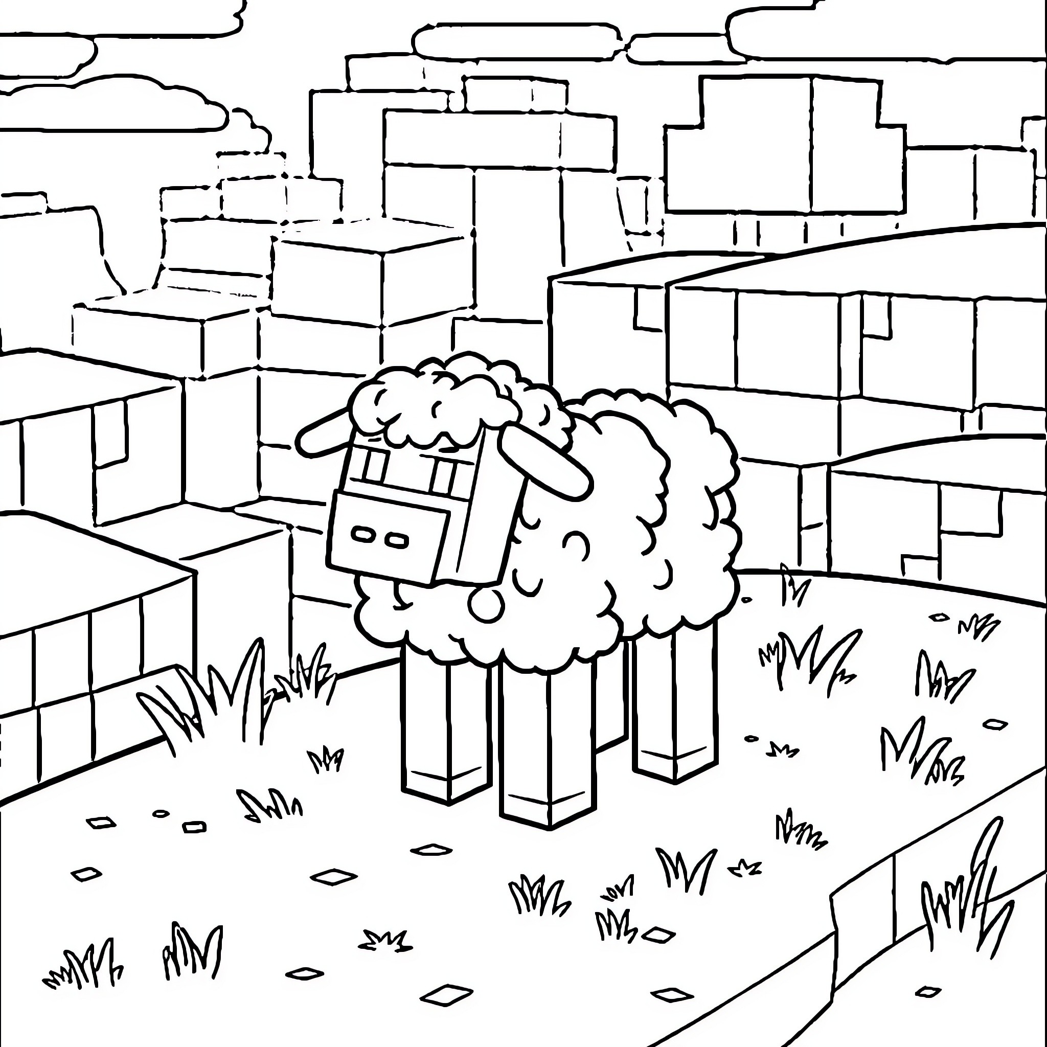 Sheep wandering through the city landscape Coloring Page (free black-and-white line drawing printable PDF for all, from beginners to advanced learners, including children, teens, adults, and seniors)